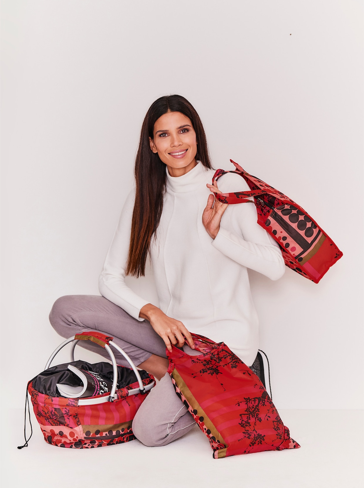 3-tlg. Einkaufs-Set - rot-gemustert