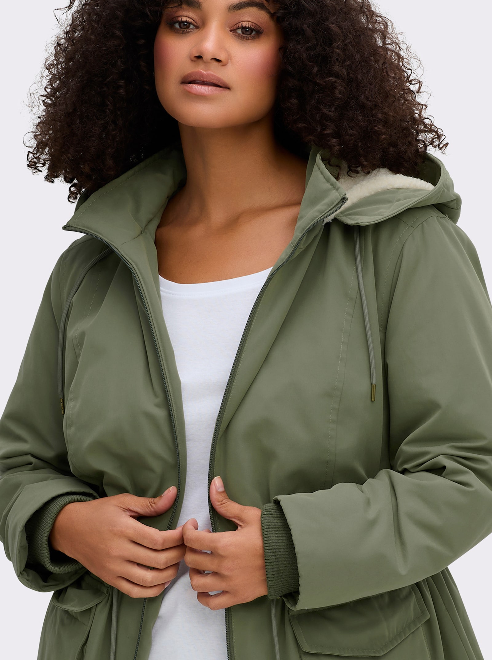 sheego Parka mit Teddyfleece-Kapuze - khaki