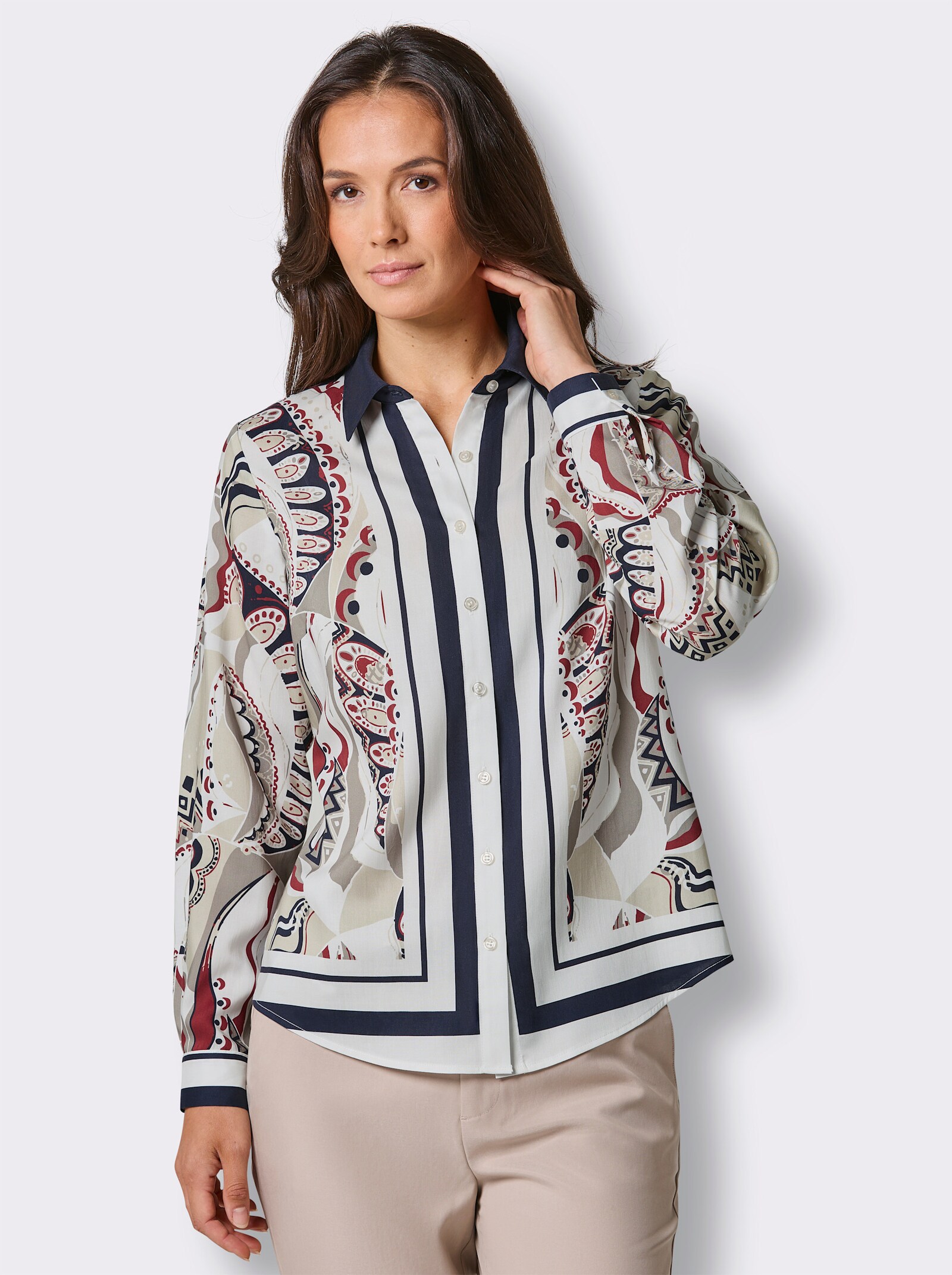 CREATION L PREMIUM Druckbluse im Tücherdruck - champagner-marine-bedruckt