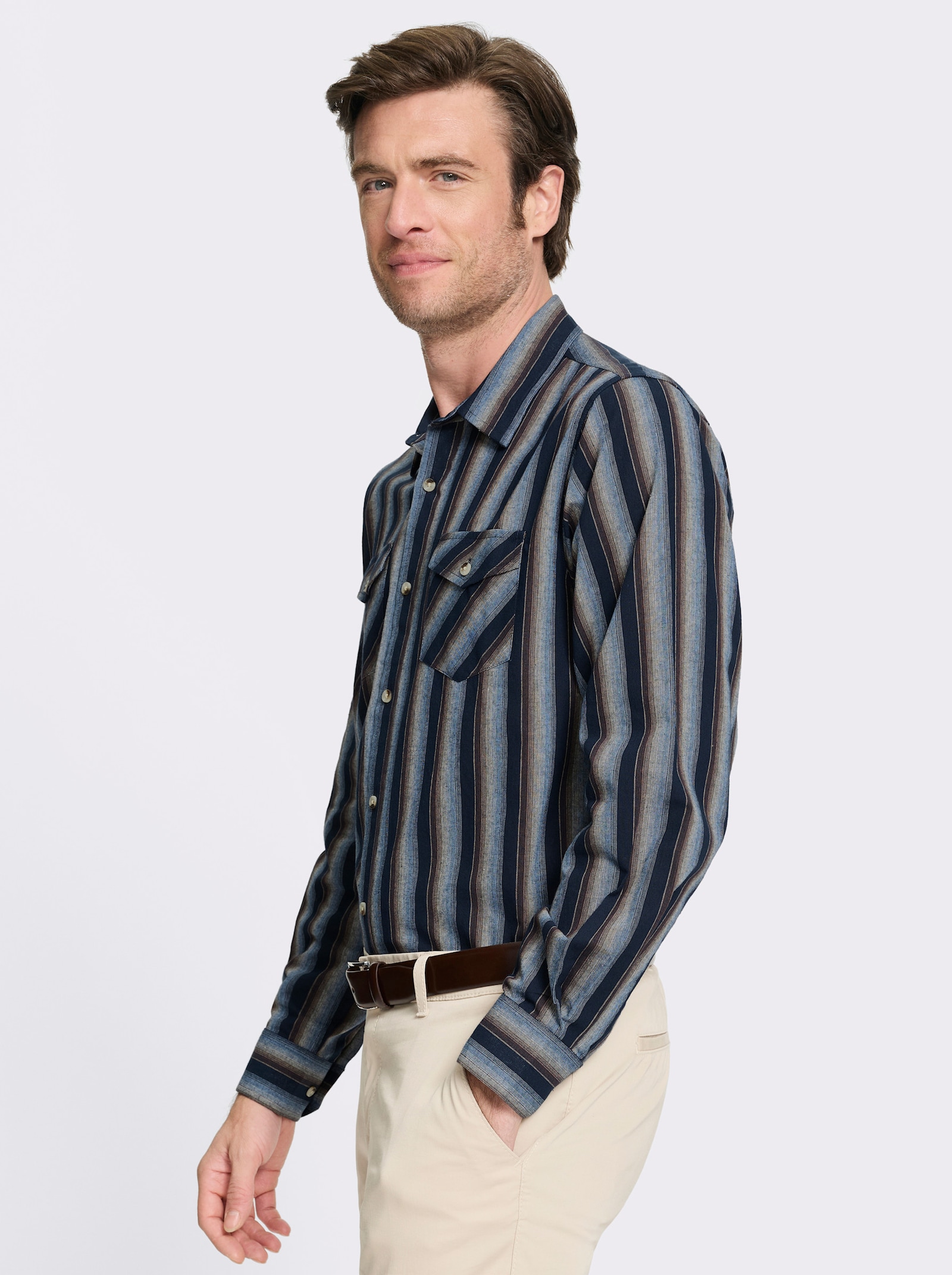 Marco Donati Streifenhemd mit 2 knöpfbaren Brusttaschen - marine-schoko-gestreift