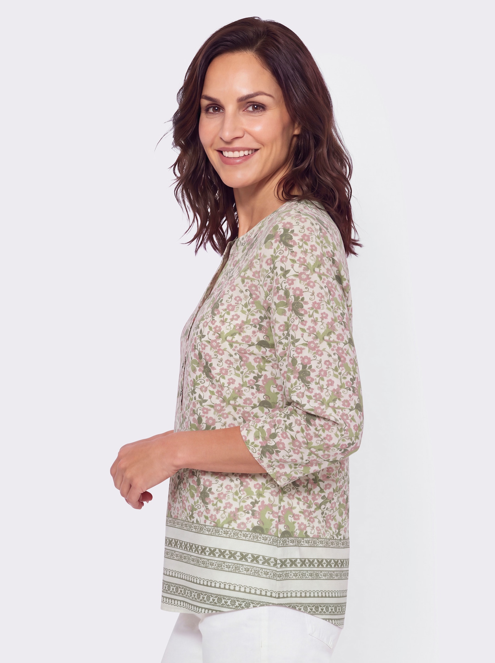 3/4-Arm-Shirt mit Bordürendruck am Saum - khaki-hortensie-bedruckt