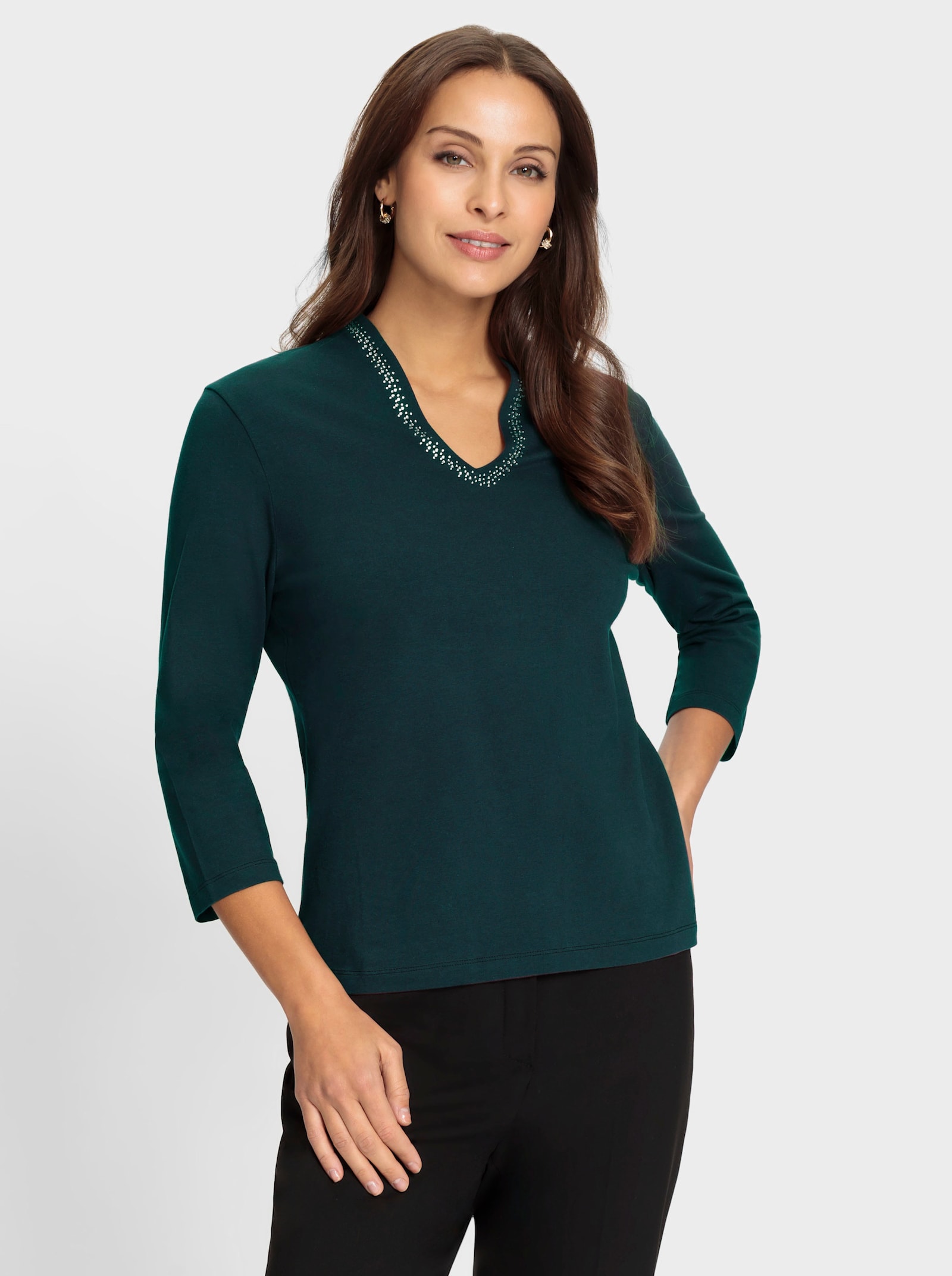 Shirt met V-hals en glittersteentjes - petrol