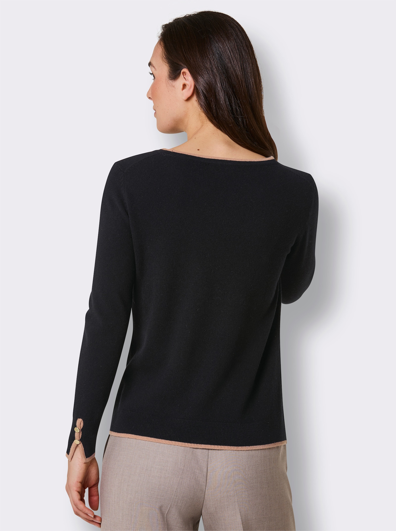 CREATION L PREMIUM Wollpullover mit Kontrastkanten - schwarz-camel