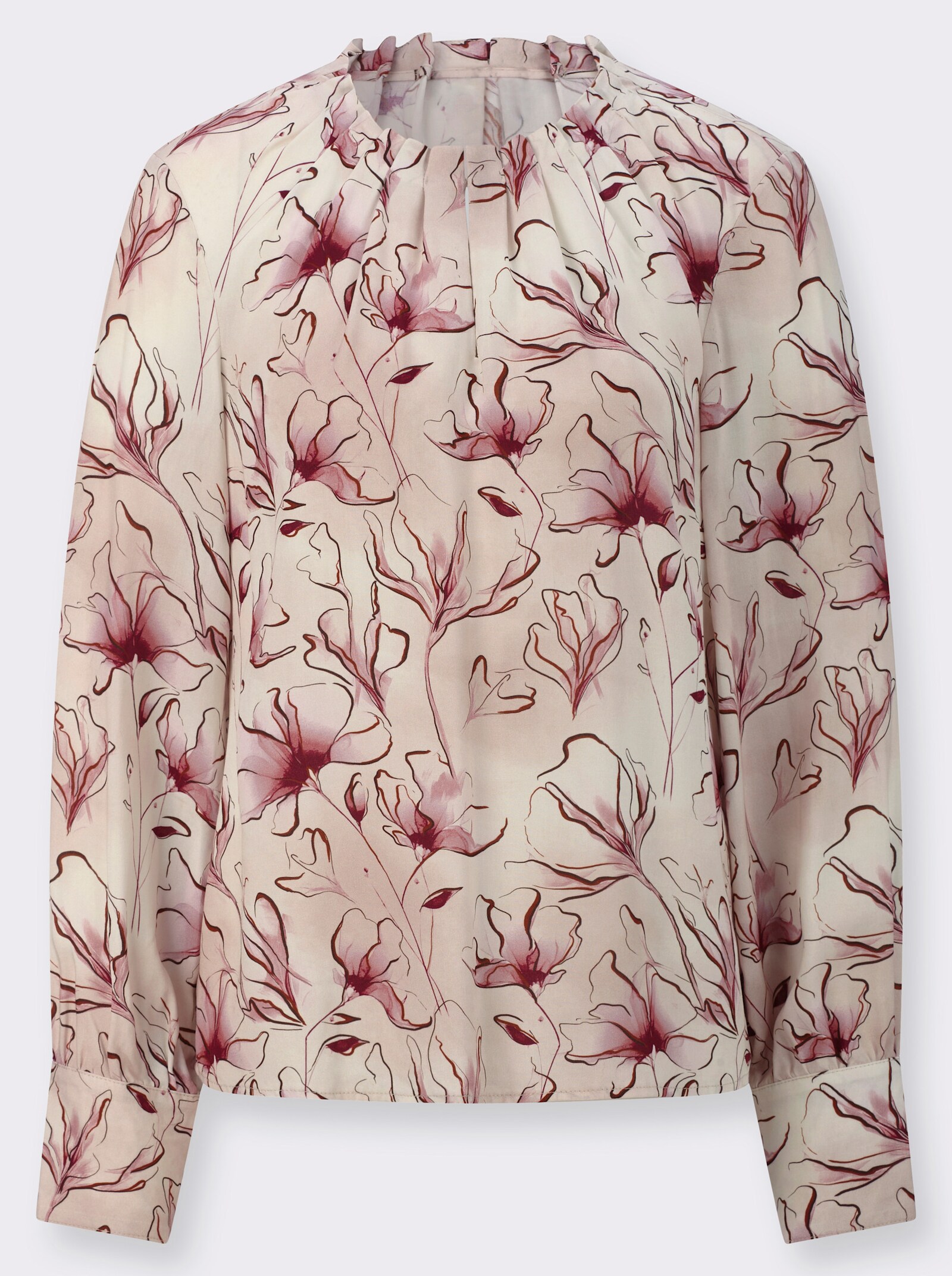 Druckbluse mit knöpfbaren Manschetten - hortensie-bordeaux-bedruckt