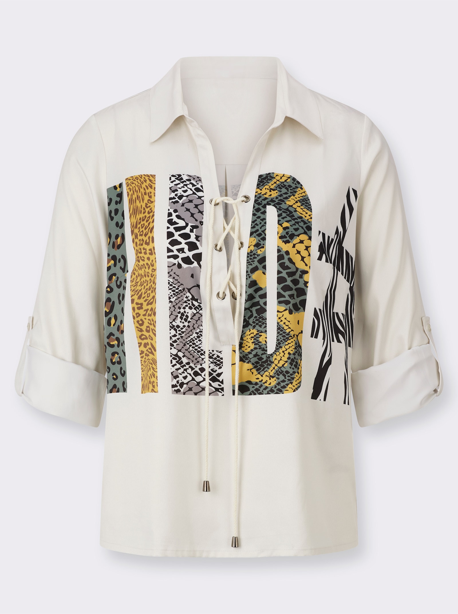 Schlupf-Bluse mit Animal-Schriftzug - champagner-khaki-bedruckt