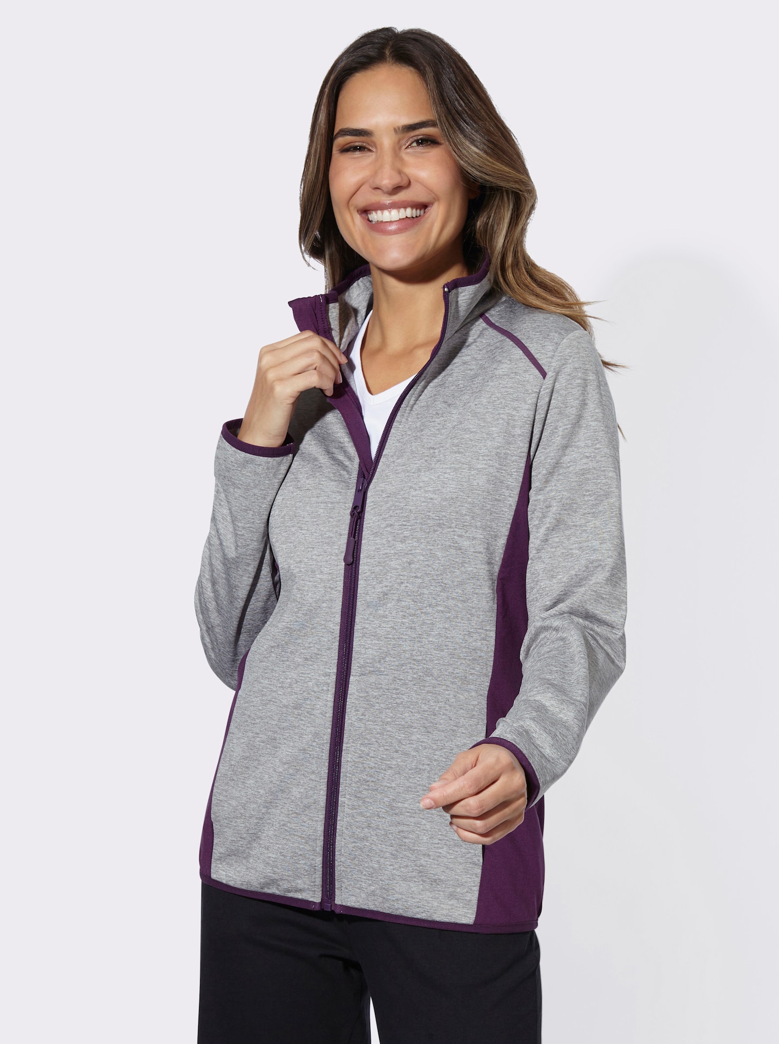 Sportjacke mit kontrastfarbenen Einsätzen - grau-meliert-traube