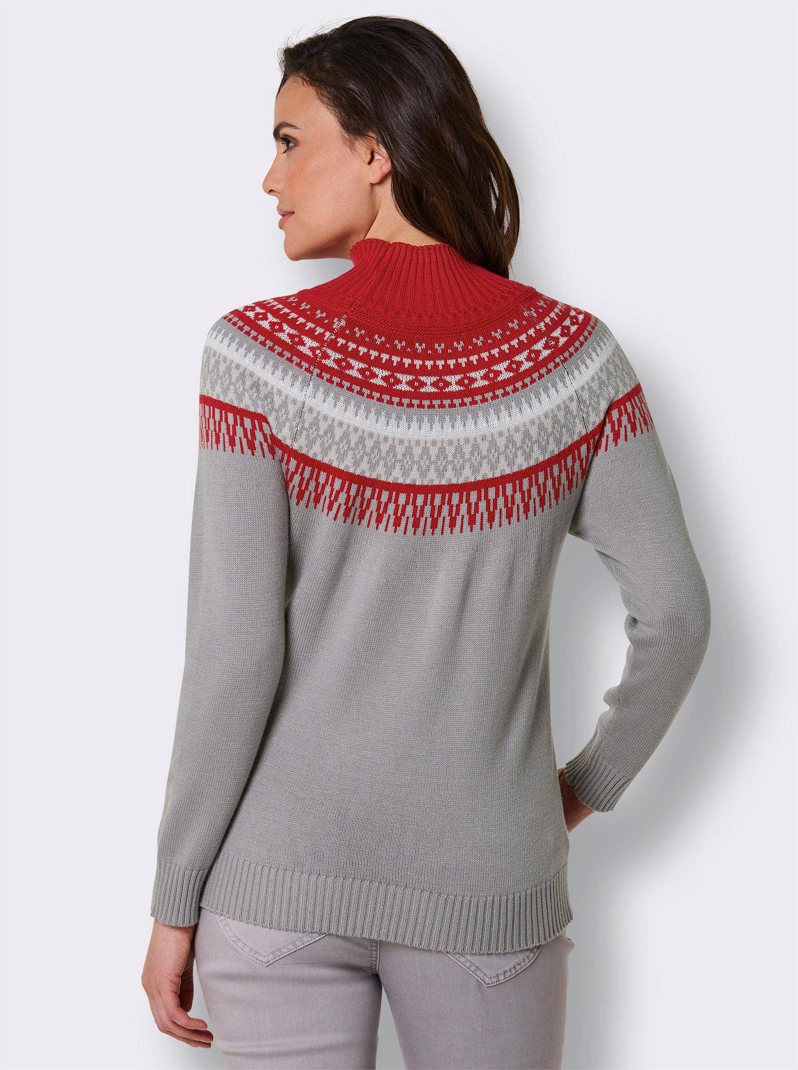 CREATION L PREMIUM Norwegerpullover mit Jacquard-Strick - steingrau-rot-gemustert