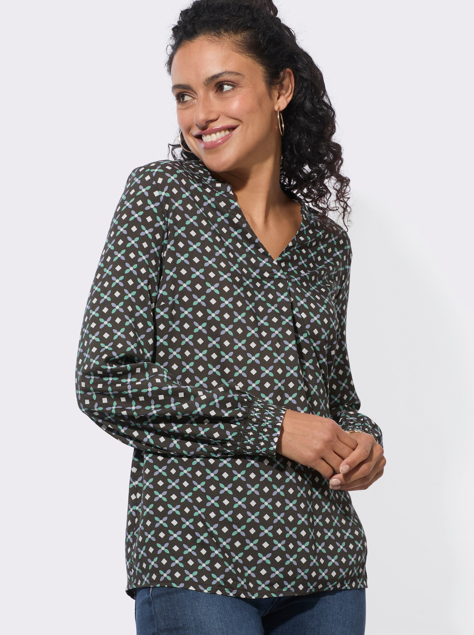 Longbluse mit Falte hinten - graphit-salbei-bedruckt