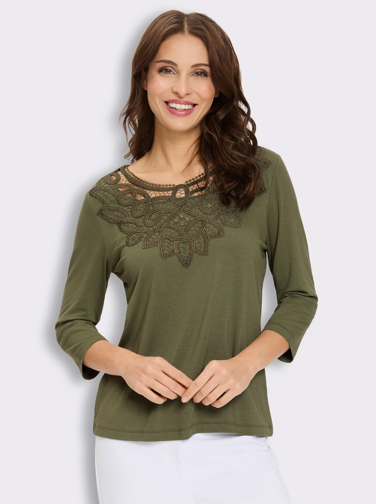 3/4-Arm-Shirt mit Spitze am Ausschnitt - oliv