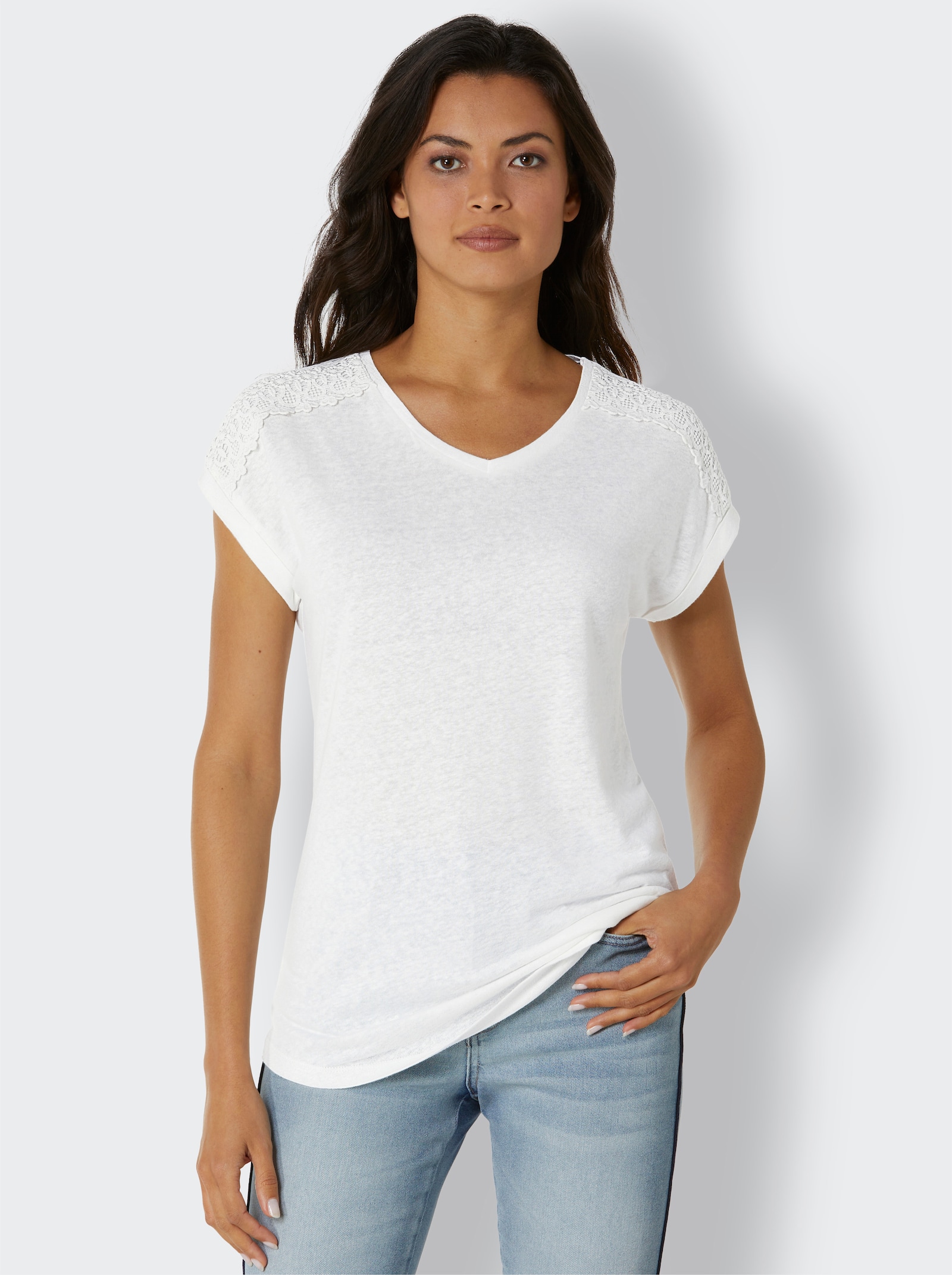 CREATION L PREMIUM V-Shirt mit Spitzendetail - weiß