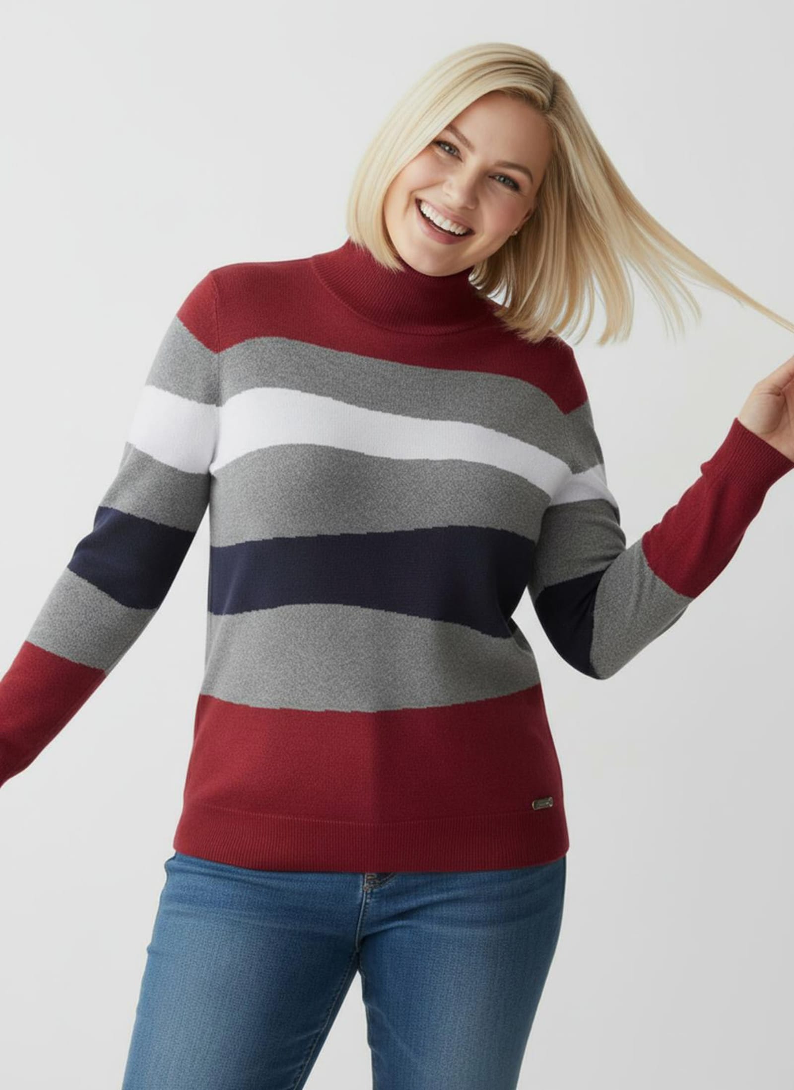 Langarm-Pullover mit Ripp-Abschlüssen, kuschelig - grau-rot-gemustert