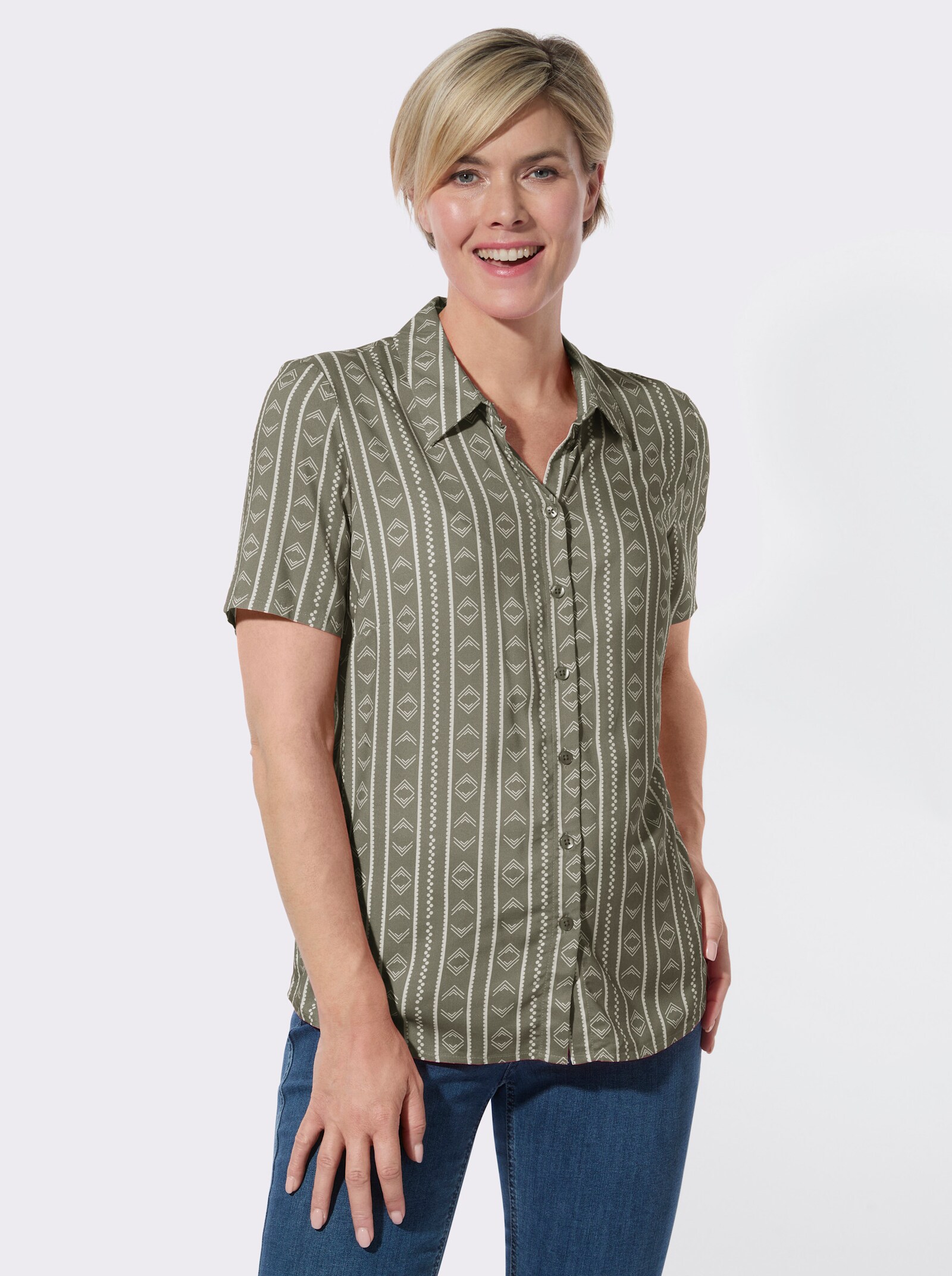 Gestreifte Bluse aus reiner Viskose - khaki-ecru-gestreift