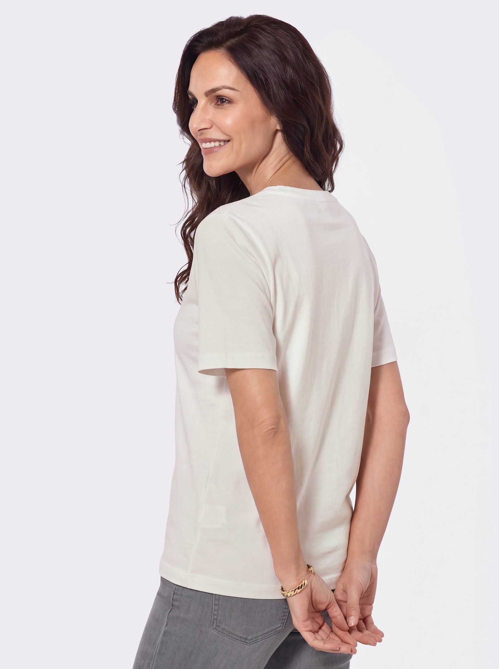 Rundhalsshirt mit Blütendruck vorne - ecru-schoko