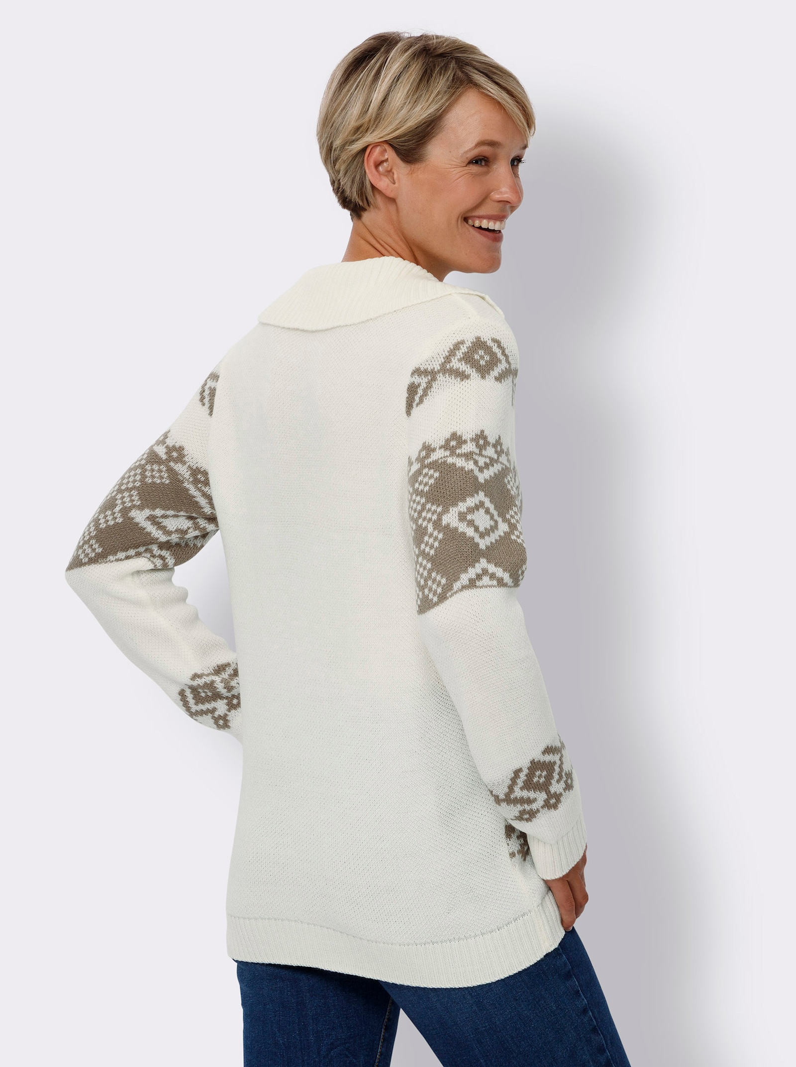 Norwegerpullover in Jacquard-Strick - ecru-taupe-gemustert