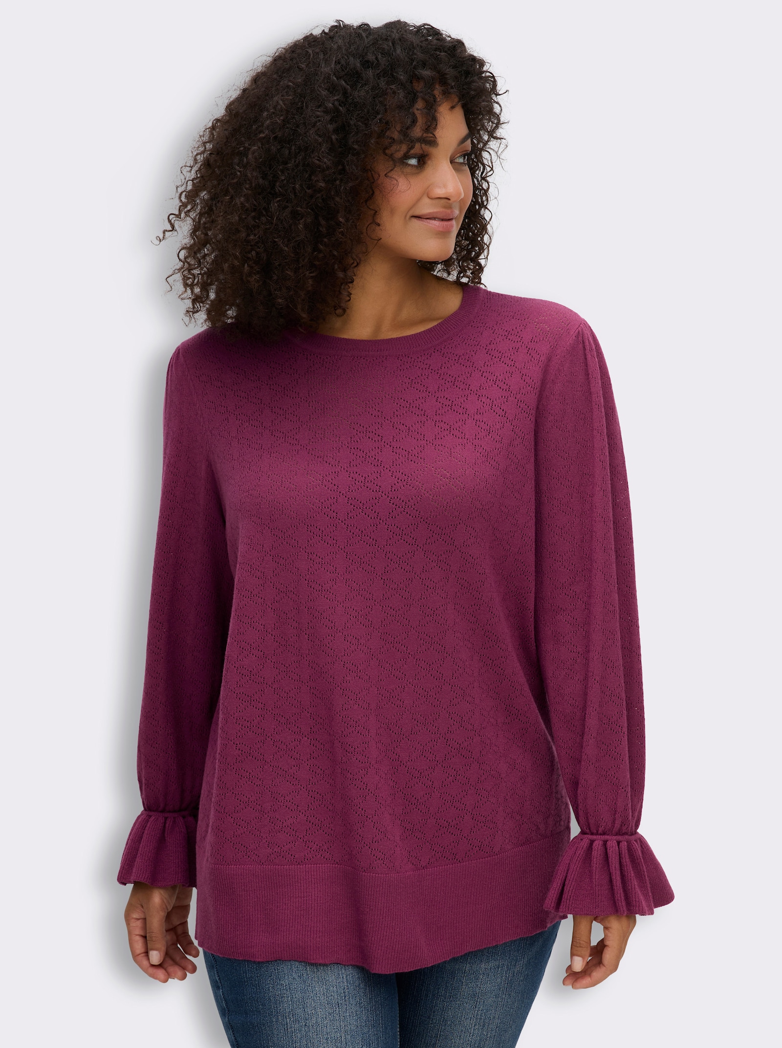 sheego Ajourpullover mit Volantärmeln - malve
