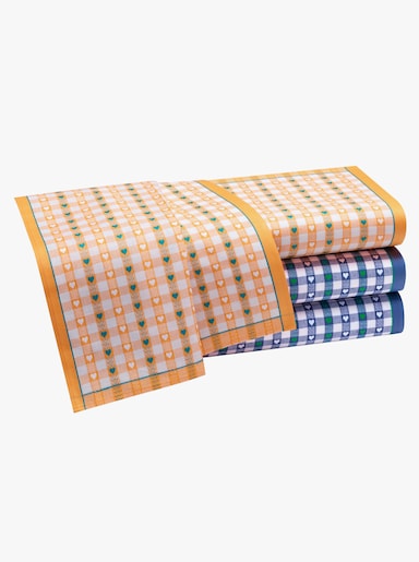 Geschirrtücher - weiß-orange-gemustert + weiß-bleu-gemustert