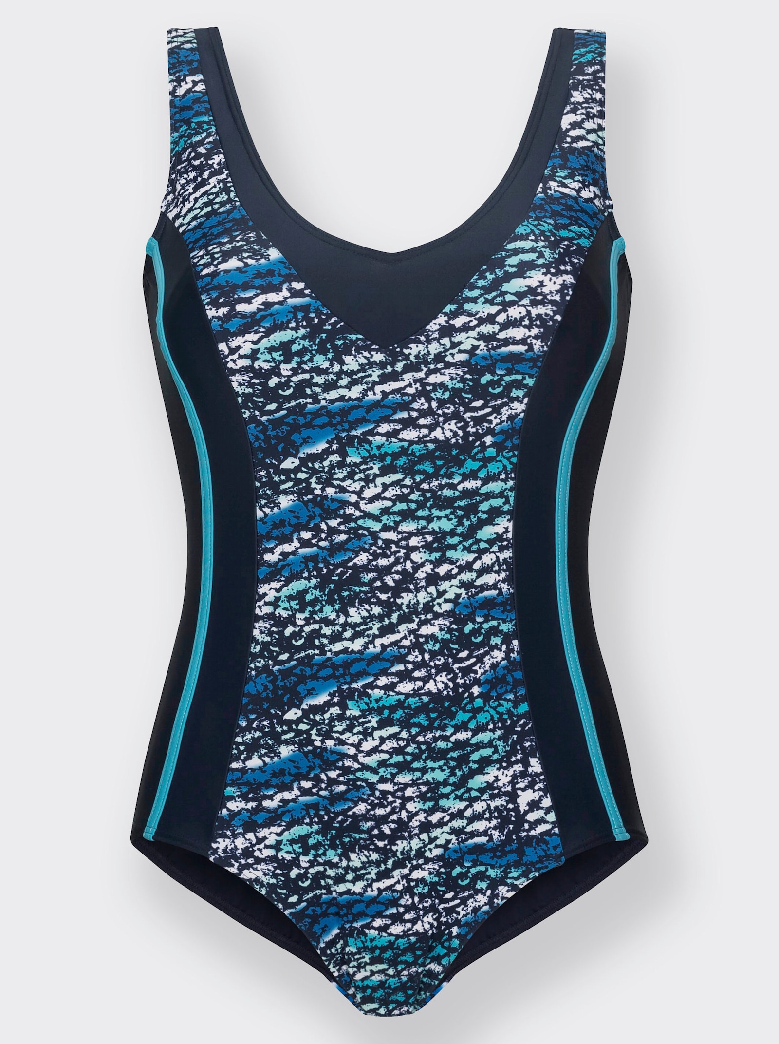 Badeanzug mit Kontrastpaspel - marine-türkis-bedruckt