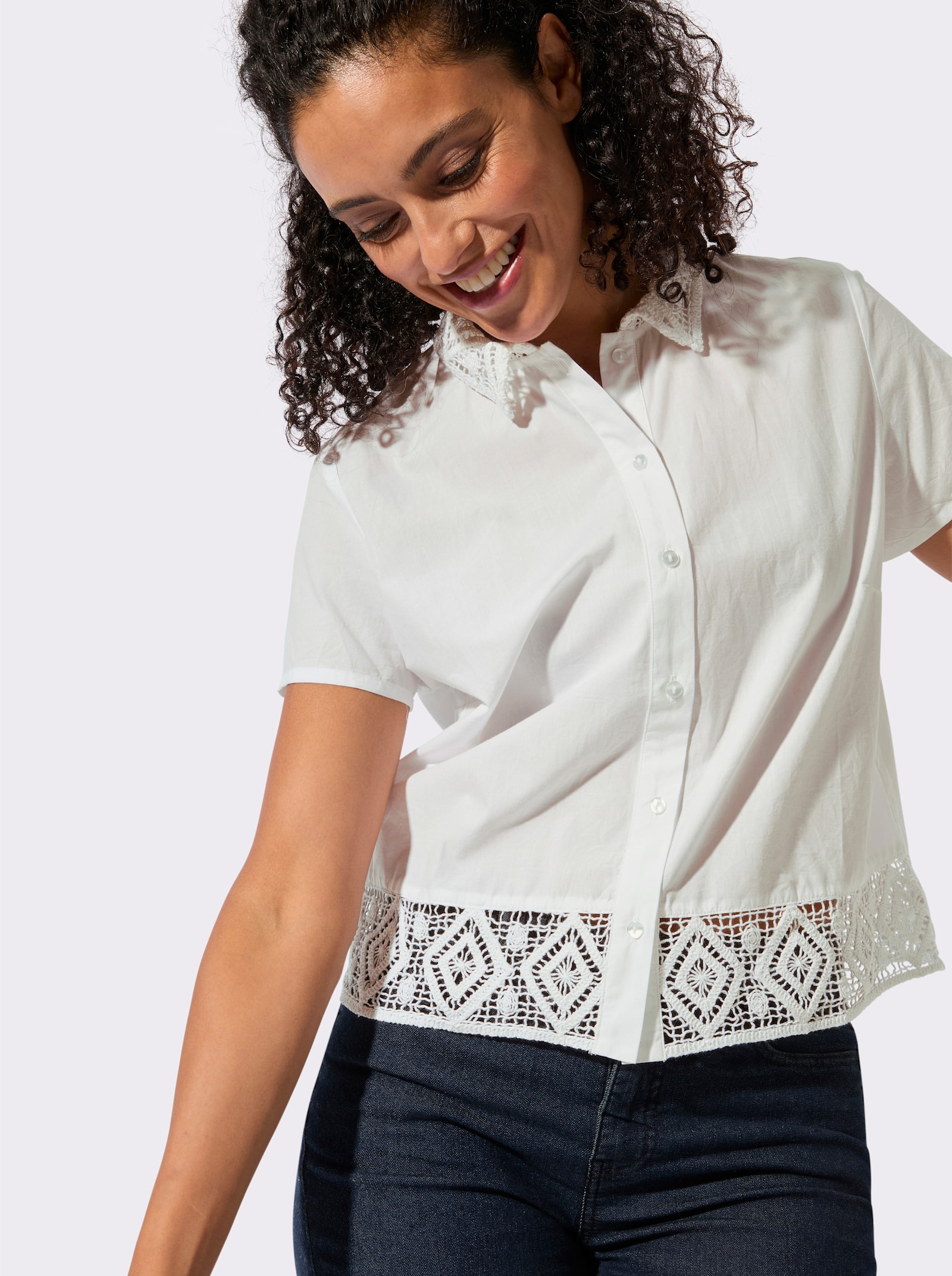 Baumwollbluse mit Spitzeneinsatz - ecru