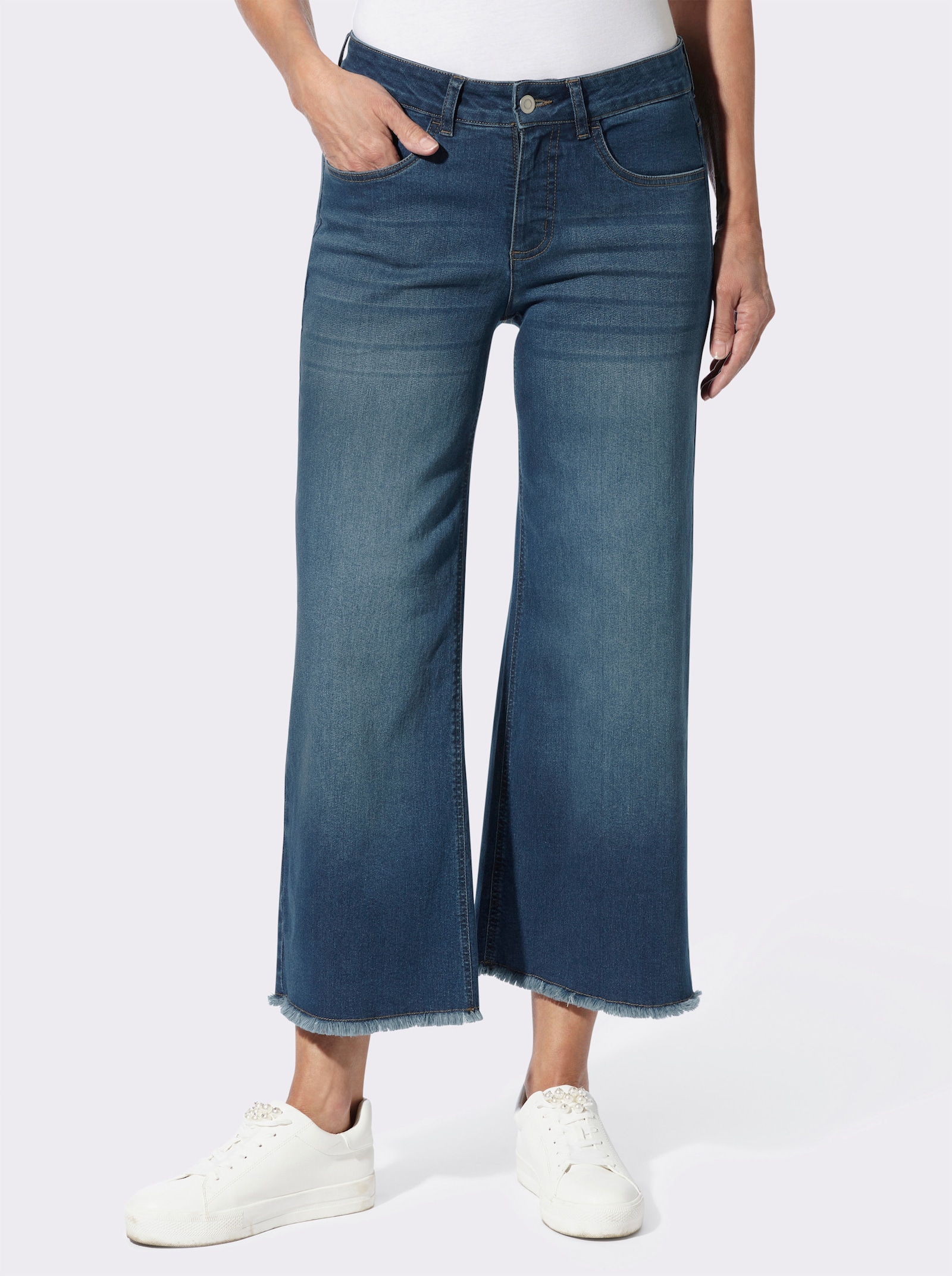 7/8-Jeans mit Fransen am Saum - blue-stone-washed