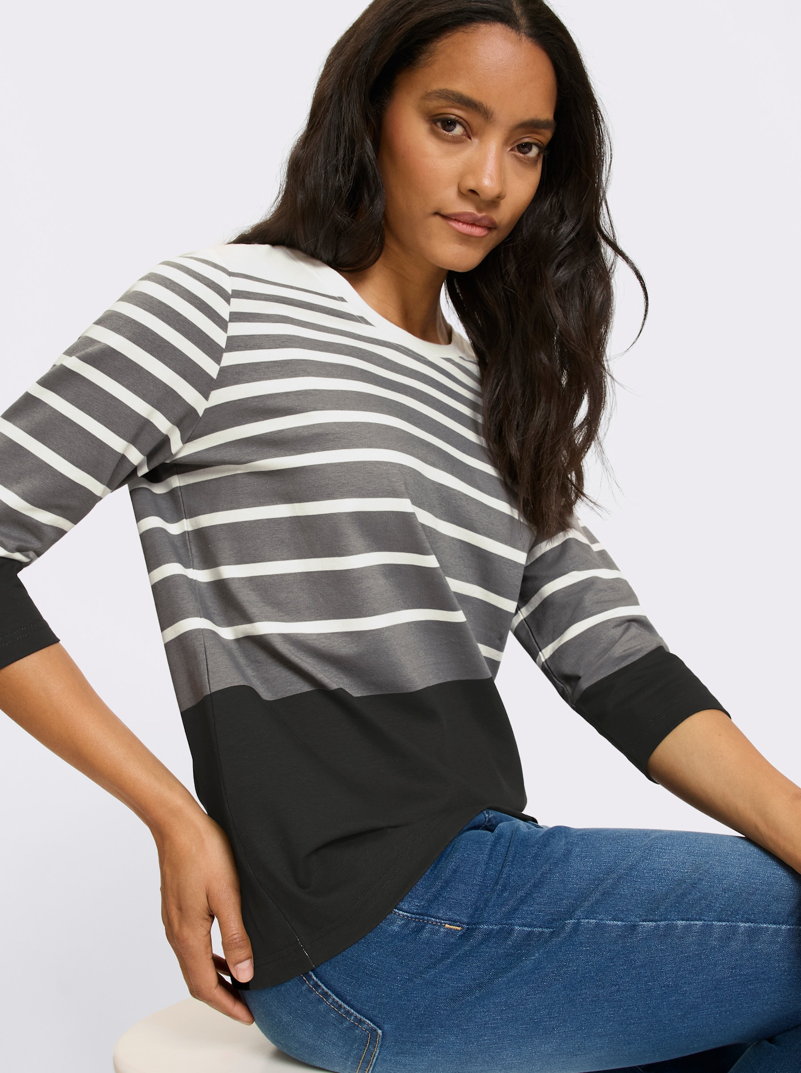 heine Shirt met 3/4-mouwen en streepjespatroon - zwart/grijs geprint