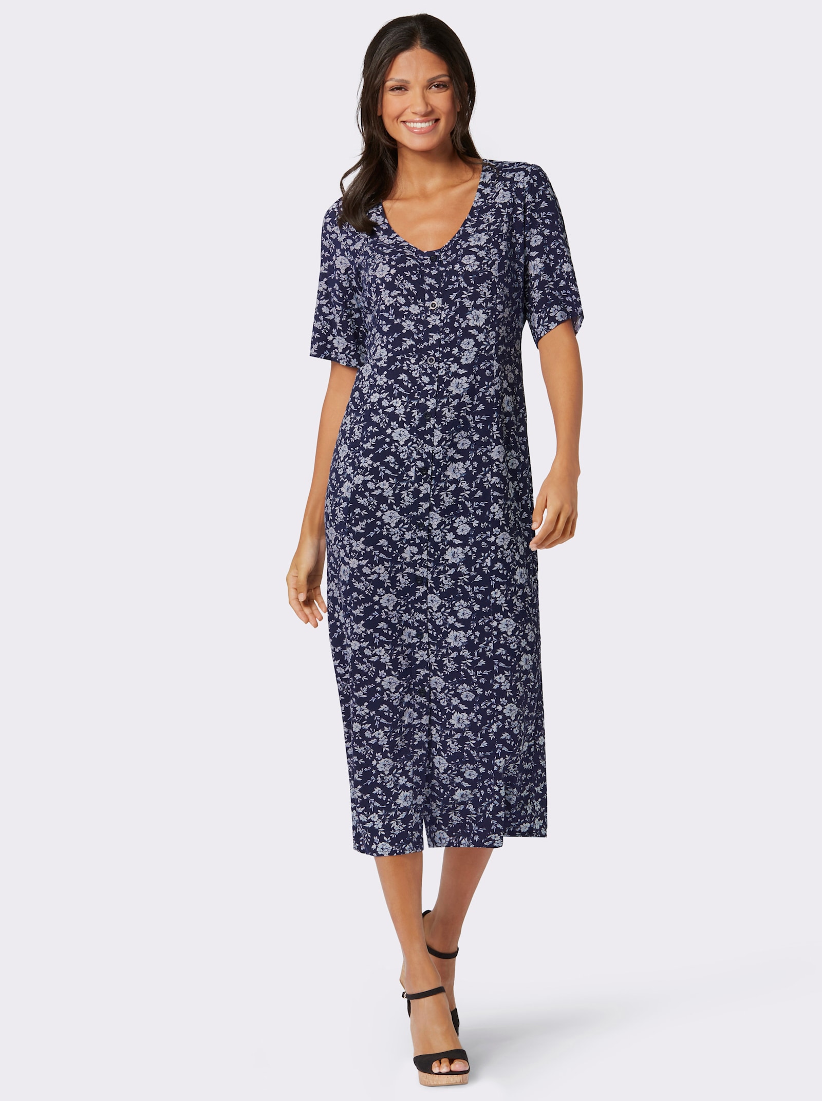 Druckkleid mit durchgehender Knopfleiste - marine-hellblau-bedruckt