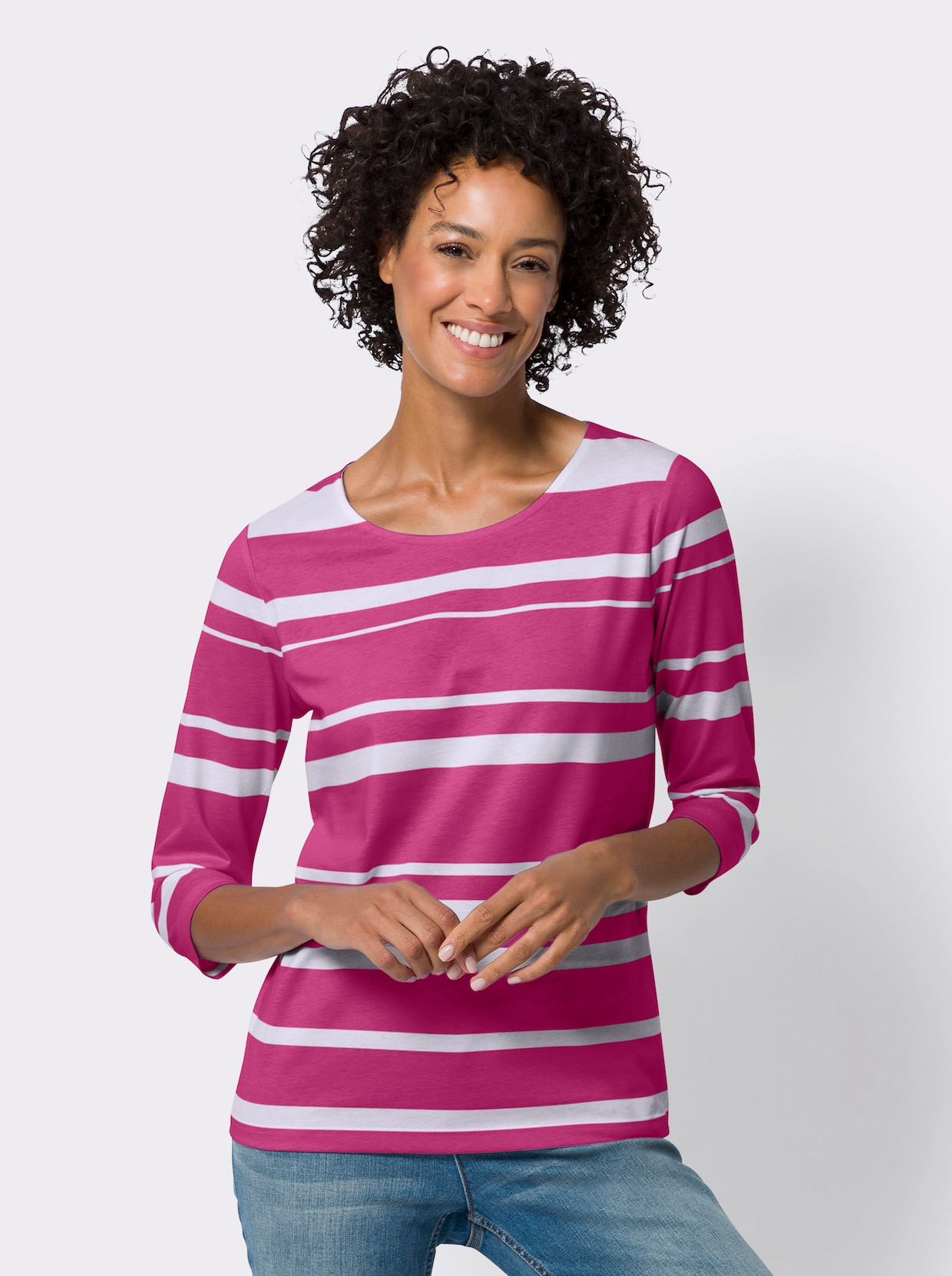 3/4-Arm-Shirt - fuchsia-weiß-geringelt