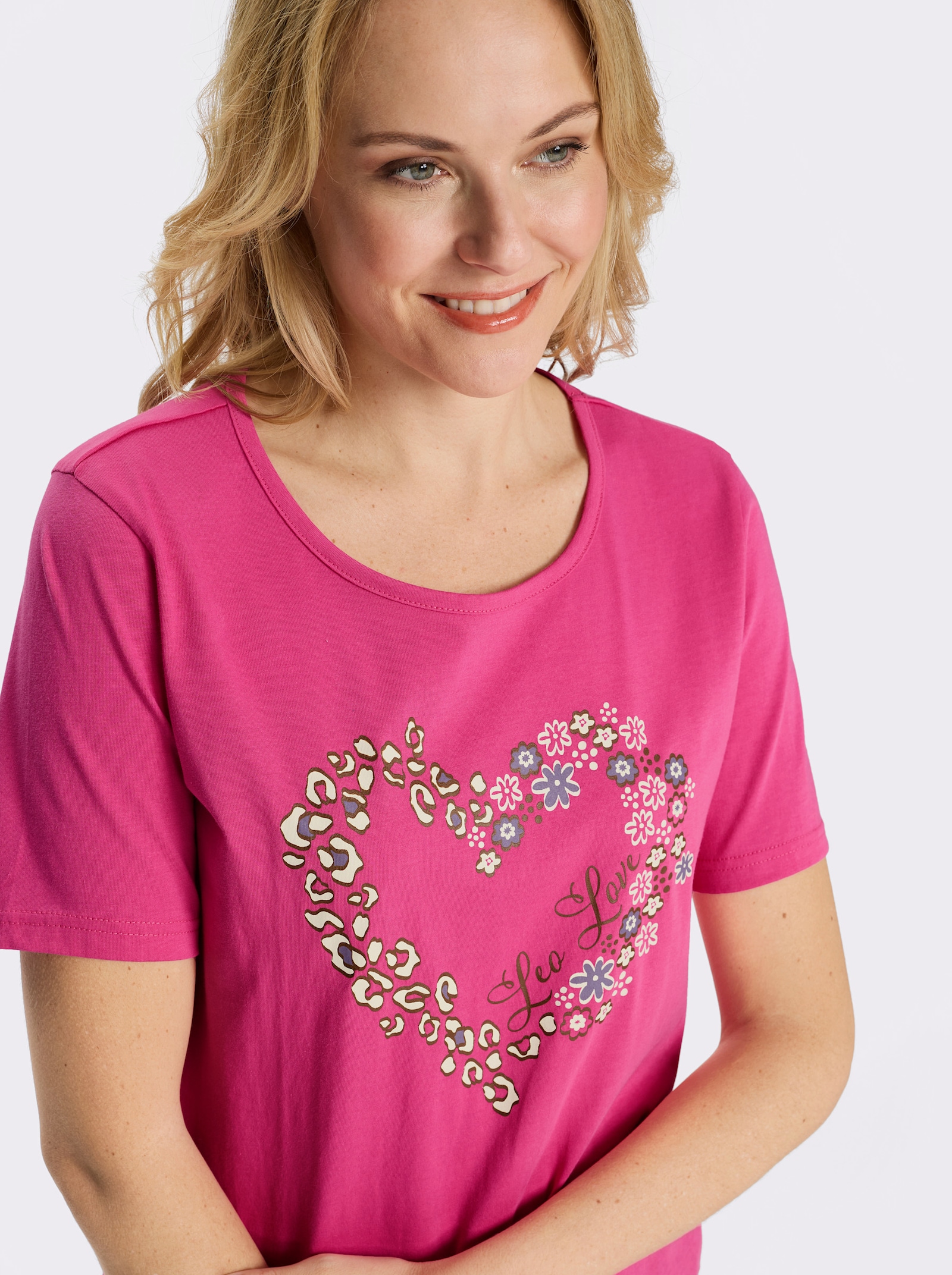 Shirt met ronde hals en hartprint - fuchsia/bruin bedrukt
