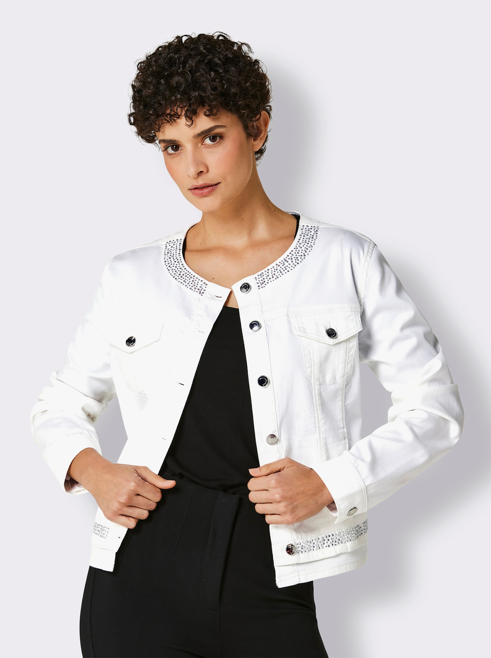 CREATION L PREMIUM Jeansjacke mit Glitzersteinchen - weiß