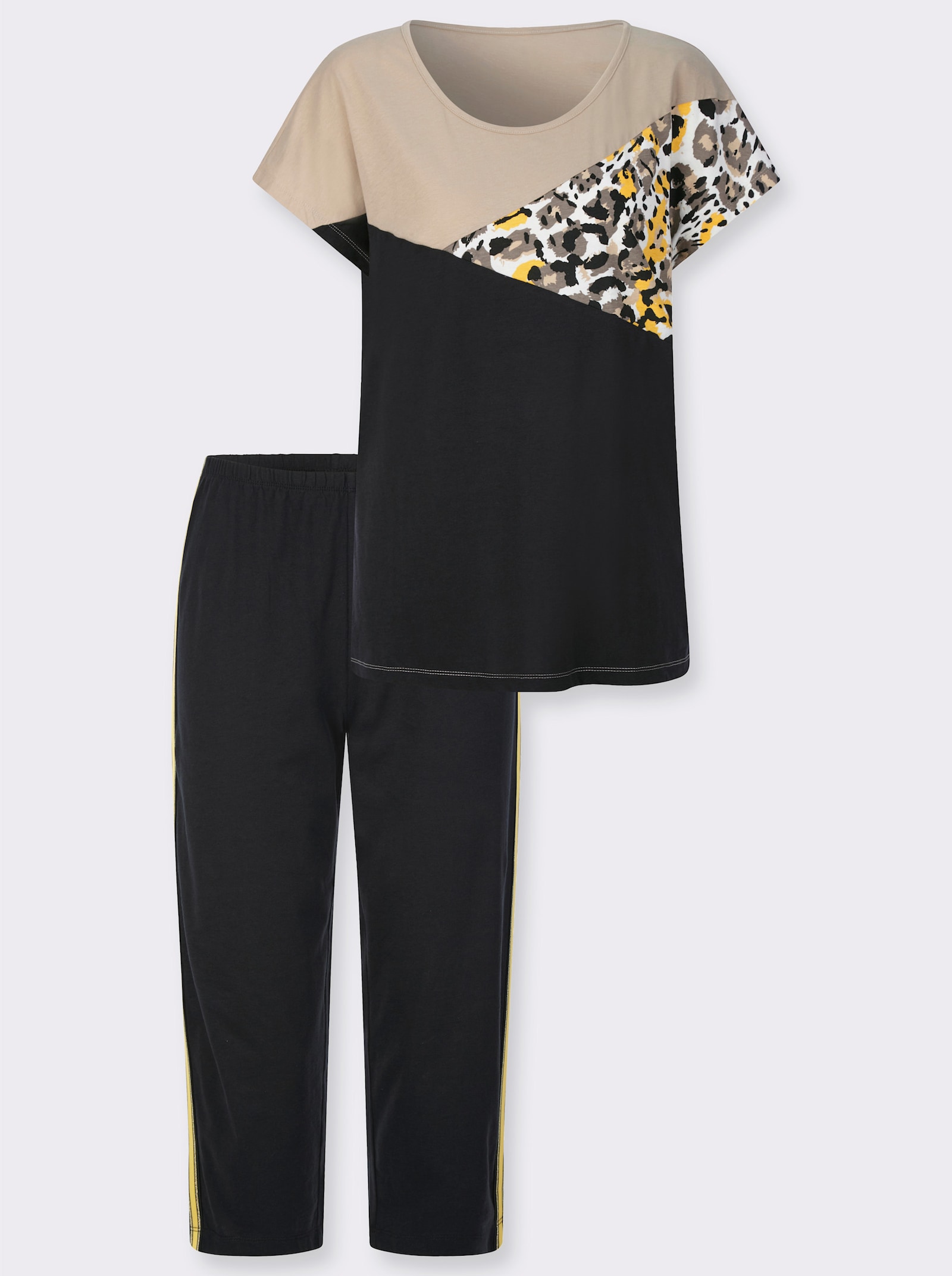 Pyjamas med capribyxa och leopardtryck - beige-svart