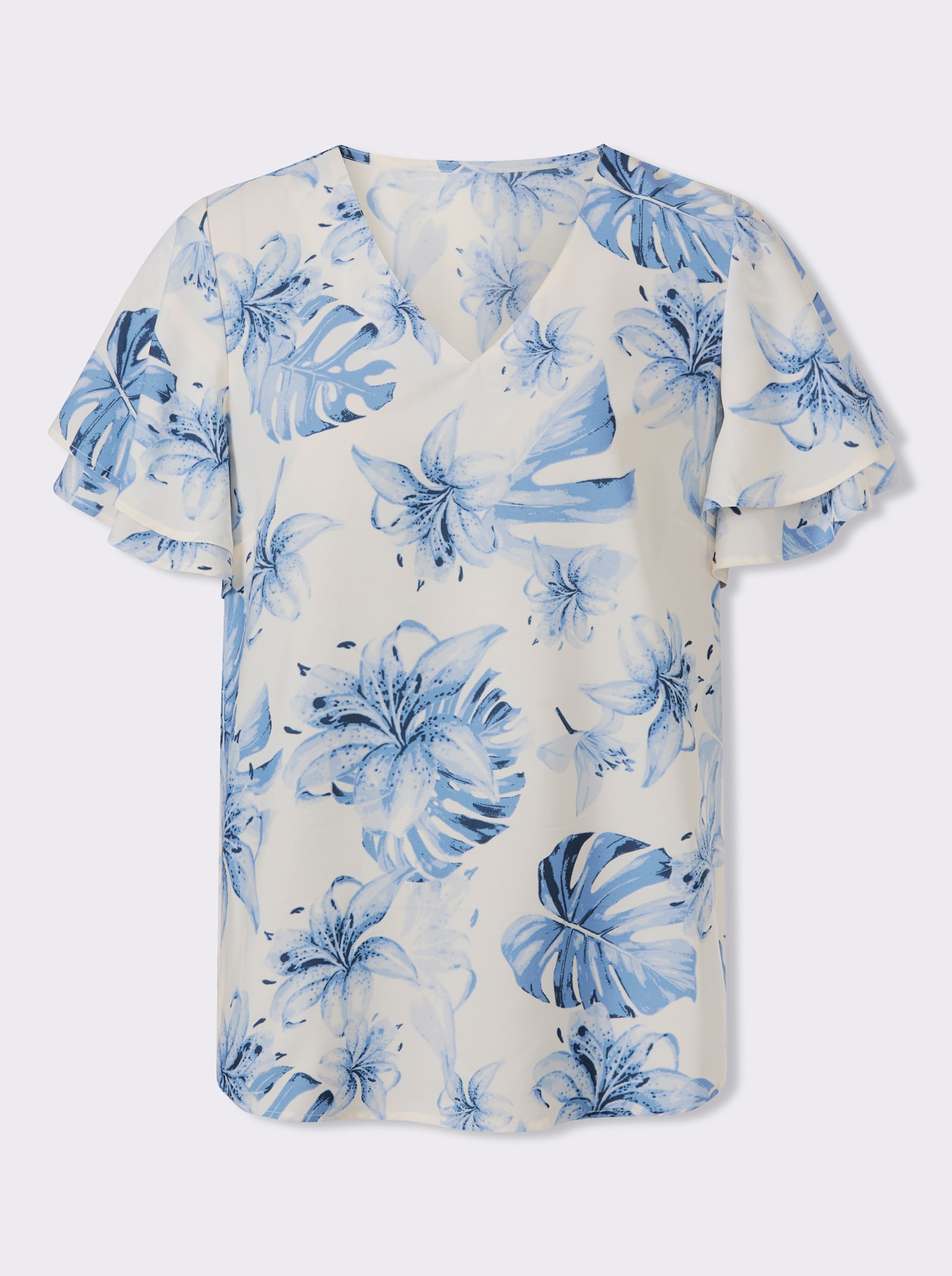 Kurzarm-Bluse in pflegeleichter Qualität - eisblau-champagner-bedruckt