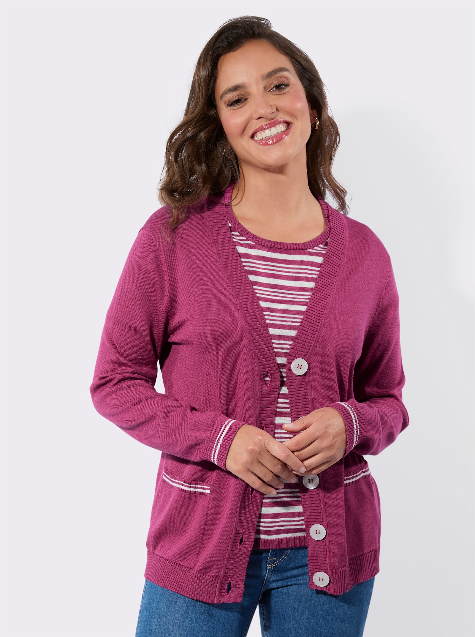 Twin-Set mit Schmuckknöpfen - erika-ecru-geringelt