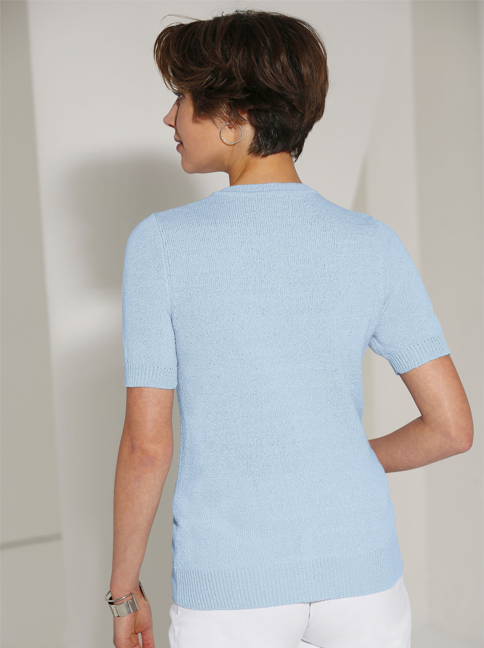 V-Ausschnitt-Pullover mit Ajour-Strickmuster - bleu