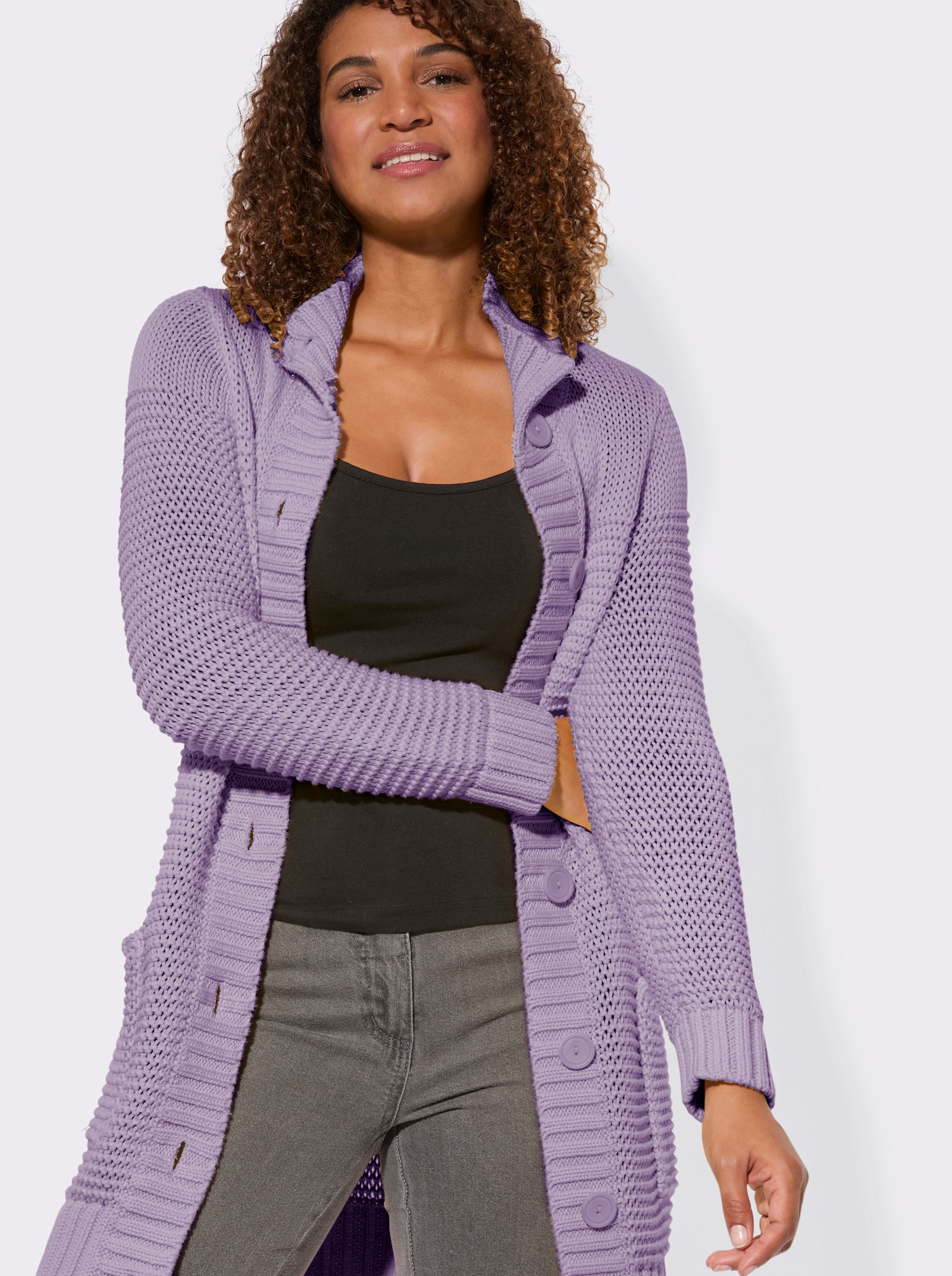 Longstrickjacke mit partiellen Fantasiemuster - flieder