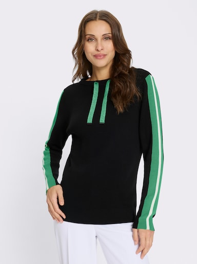 Langarm-Pullover mit Kontrast-Streifen am Ärmel - schwarz-grasgrün-gemustert