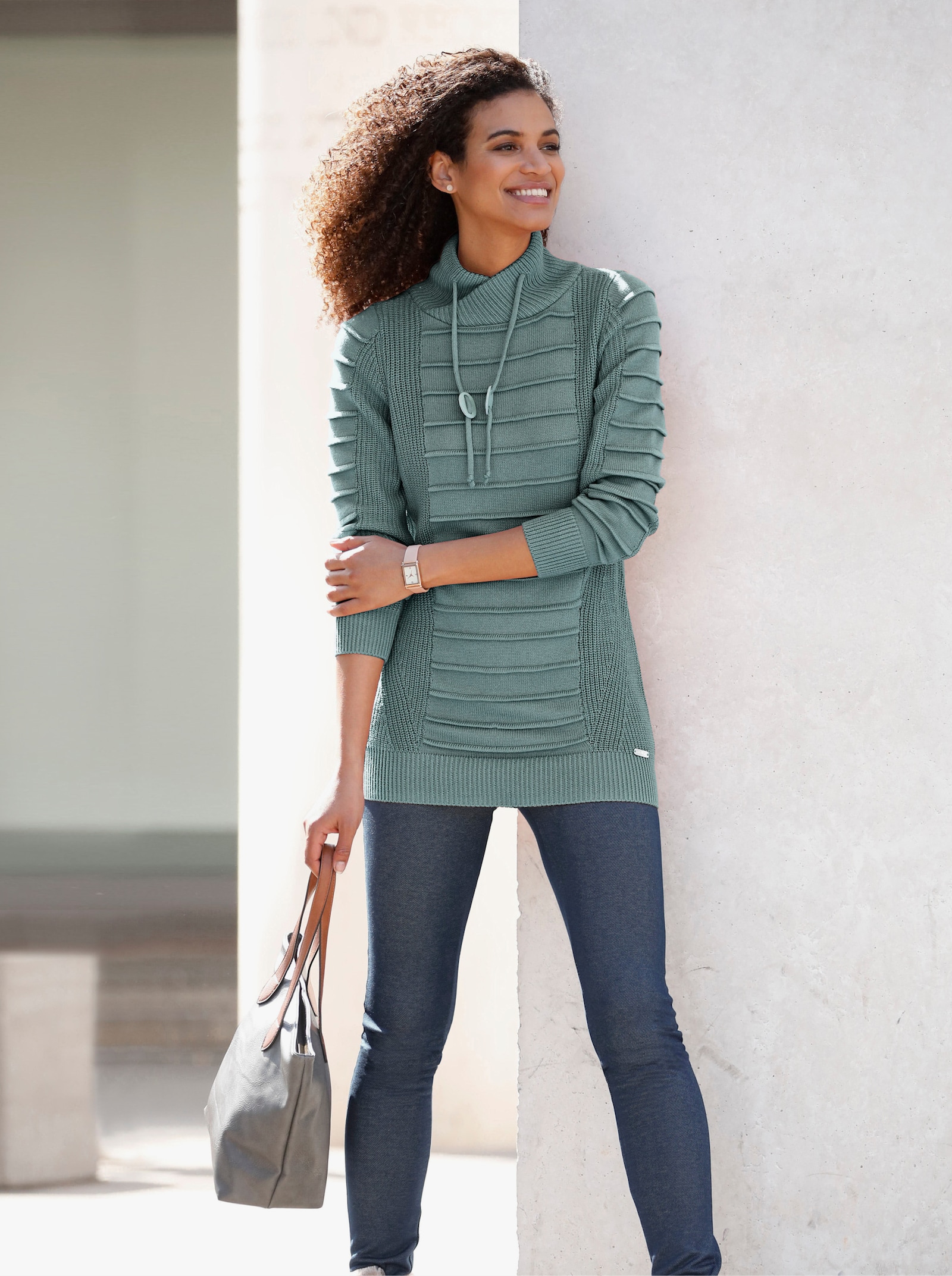 Longpullover mit Struktur-Partien - jade