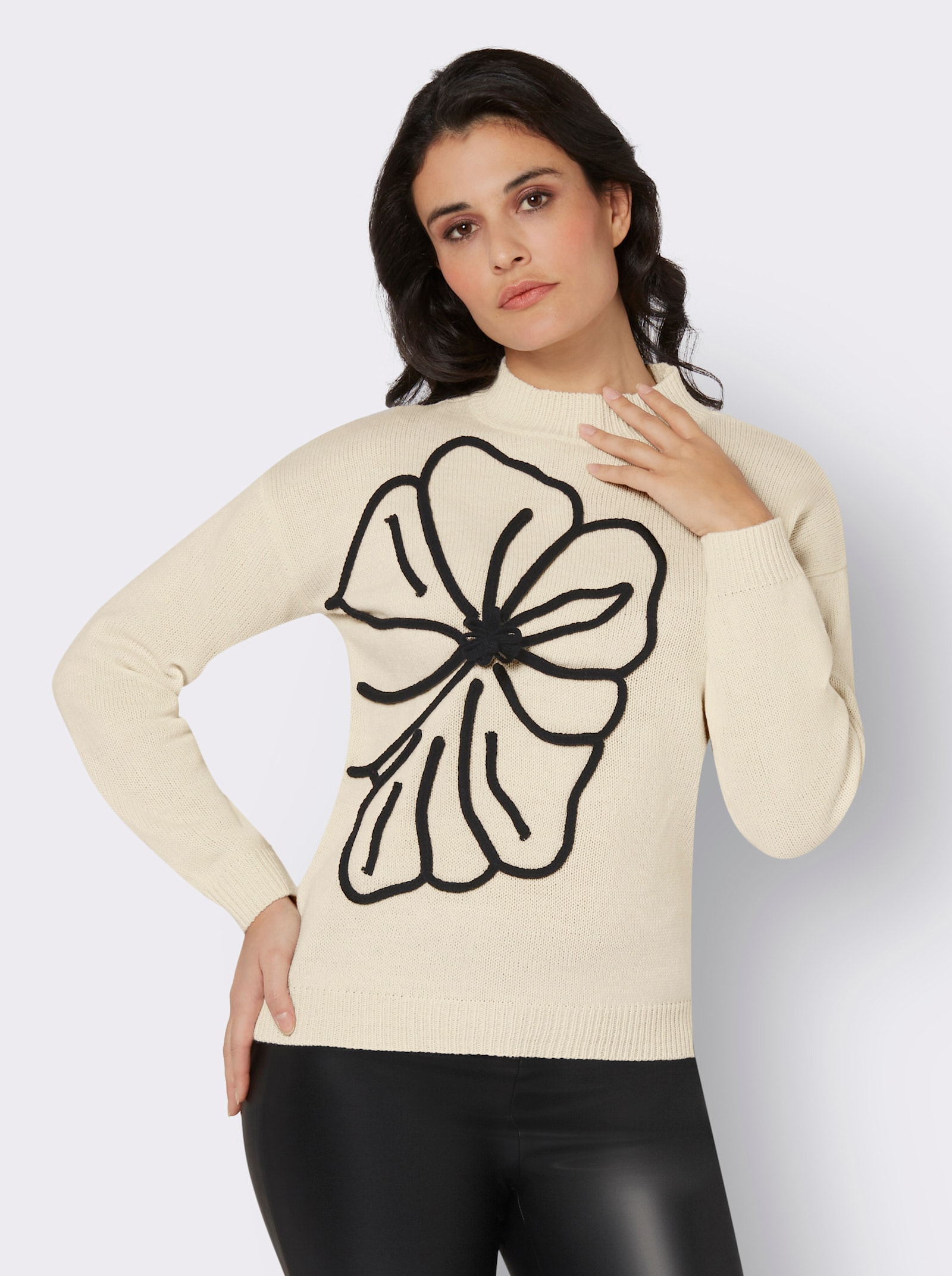 Stehkragenpullover mit Ballonärmeln, floral - champagner-schwarz-gemustert