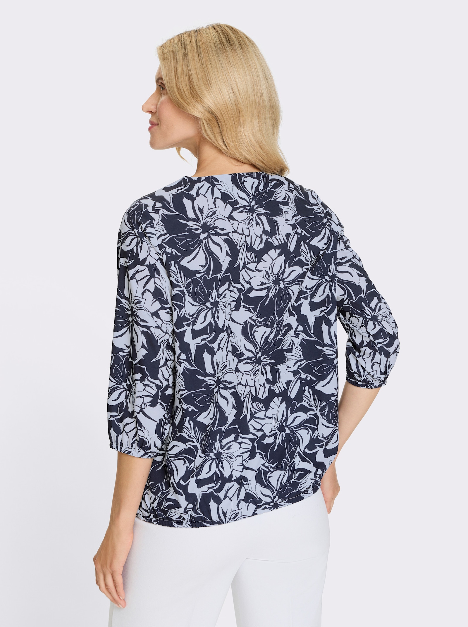 Schlupfbluse im floralem Dessin - marine-ecru-bedruckt
