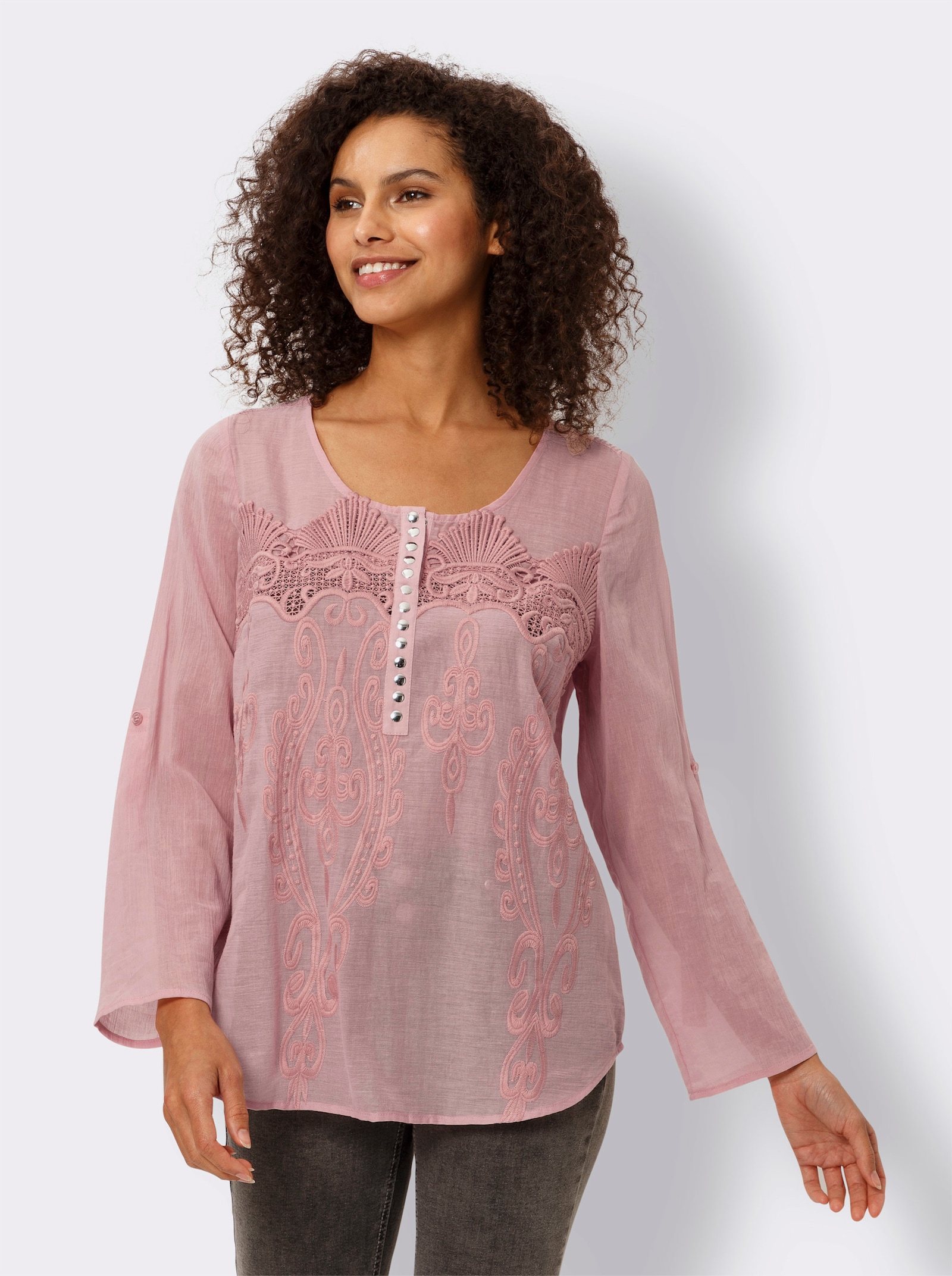 heine Baumwollbluse mit Lochstickerei - rosenquarz