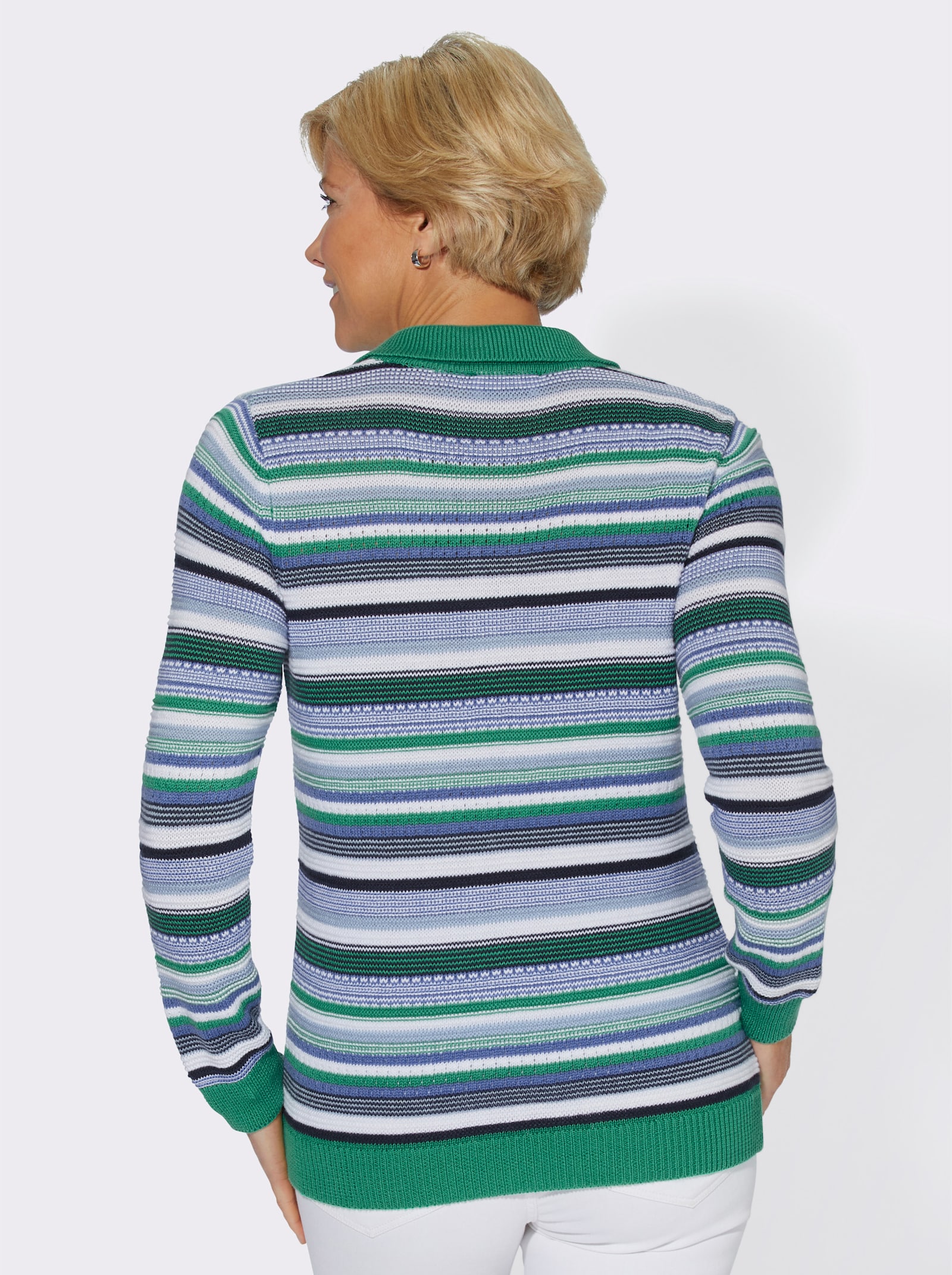 Pullover met lange mouwen en een mix van structuur- en ajourpatronen - groen/blauw gestreept