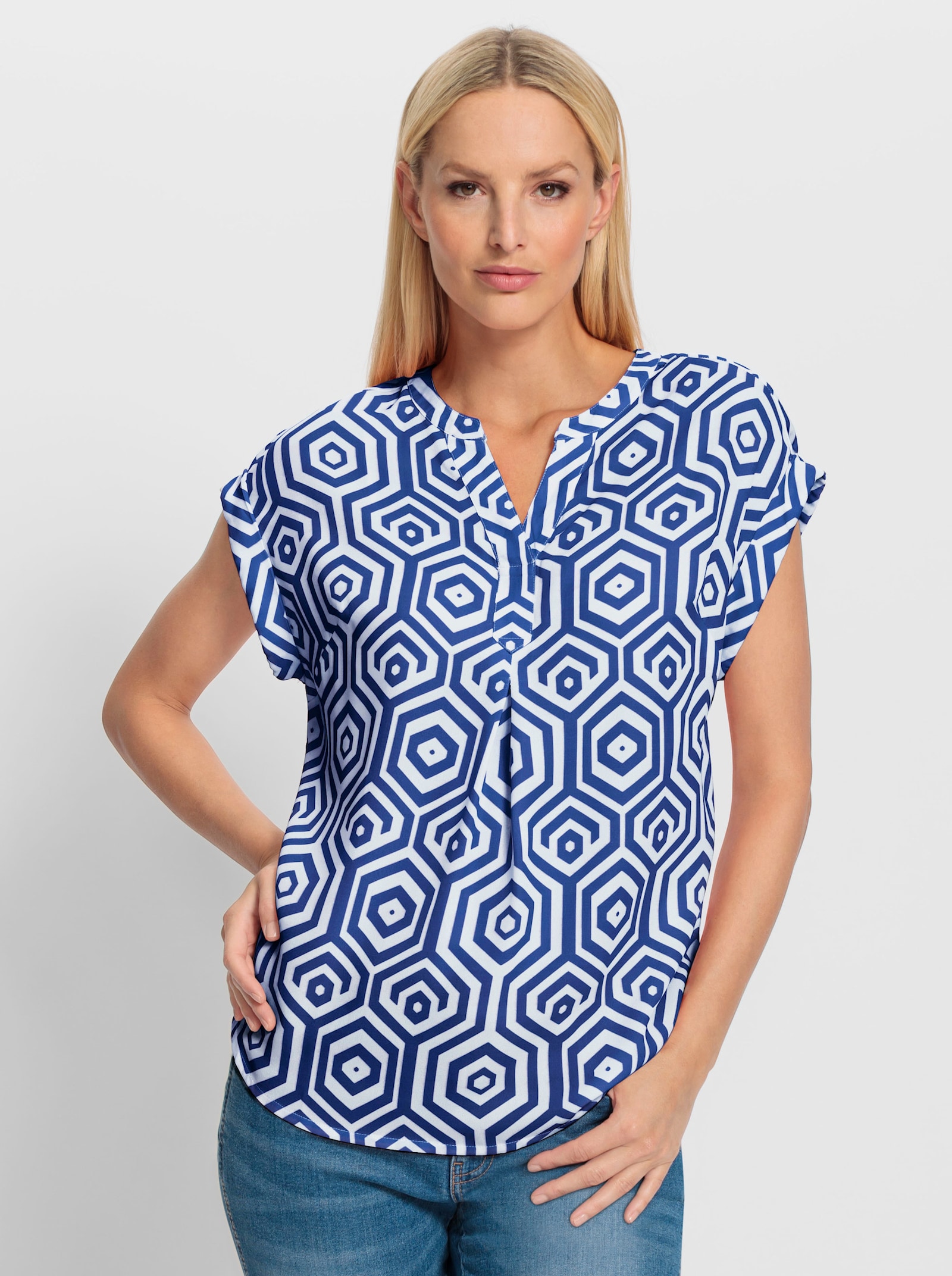 heine Druckbluse mit Grafikdessin - royalblau-weiß-bedruckt