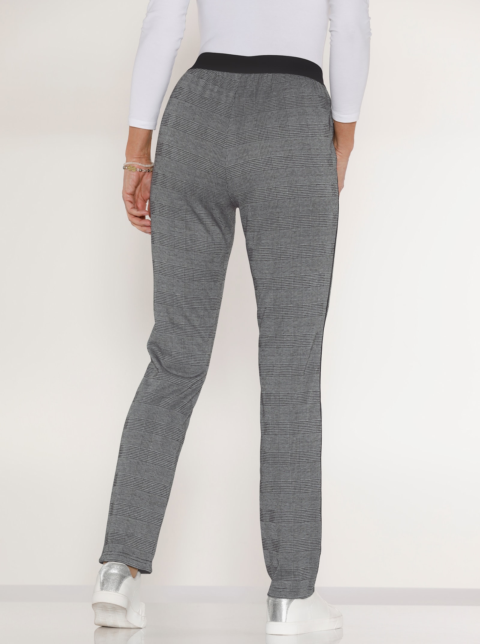 Wirkhose mit seitlicher Kontrastpaspel - grau-kariert