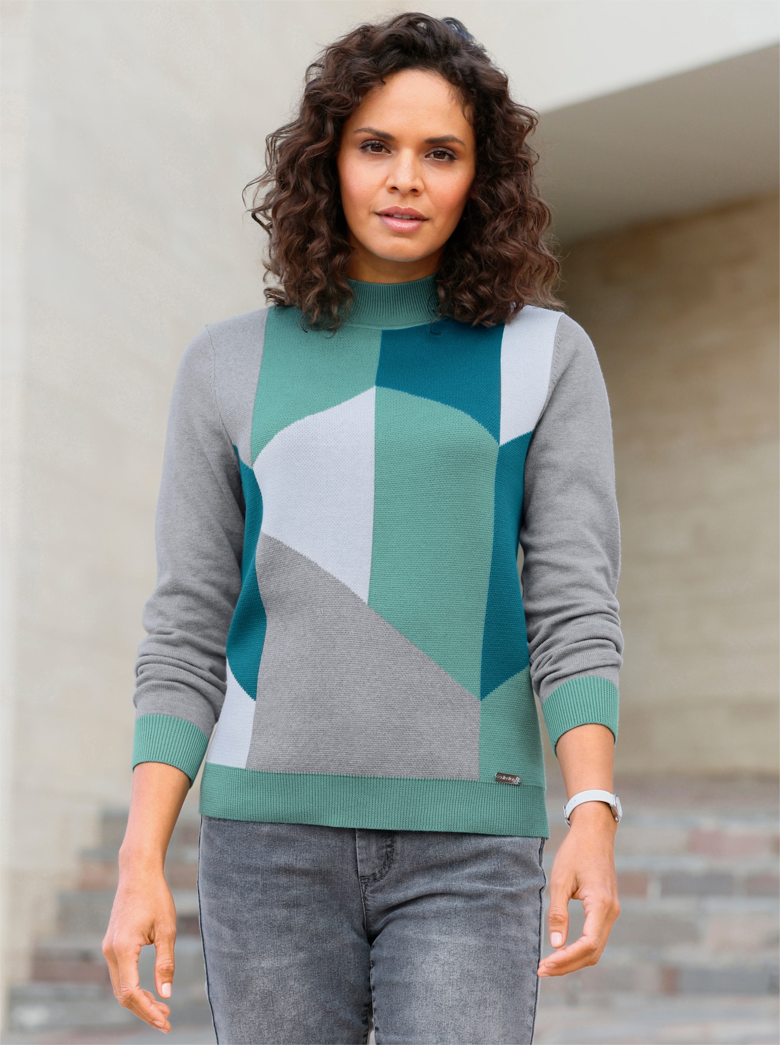 Pullover mit Intarsienstrick - salbei-aquapetrol-gemustert