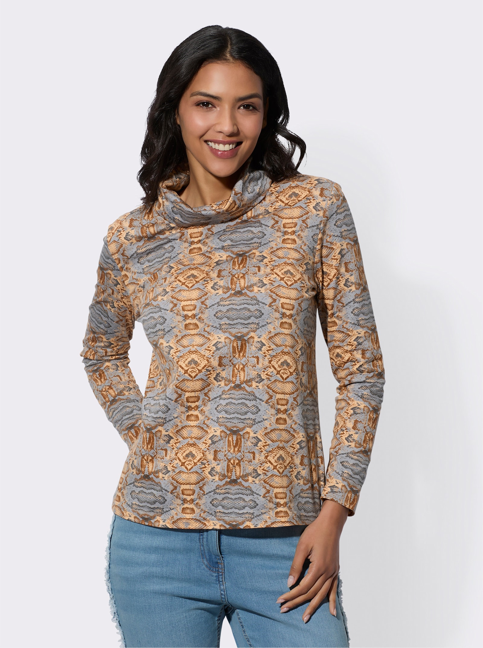 Rollkragenshirt mit langen Ärmeln - apricot-cognac-bedruckt