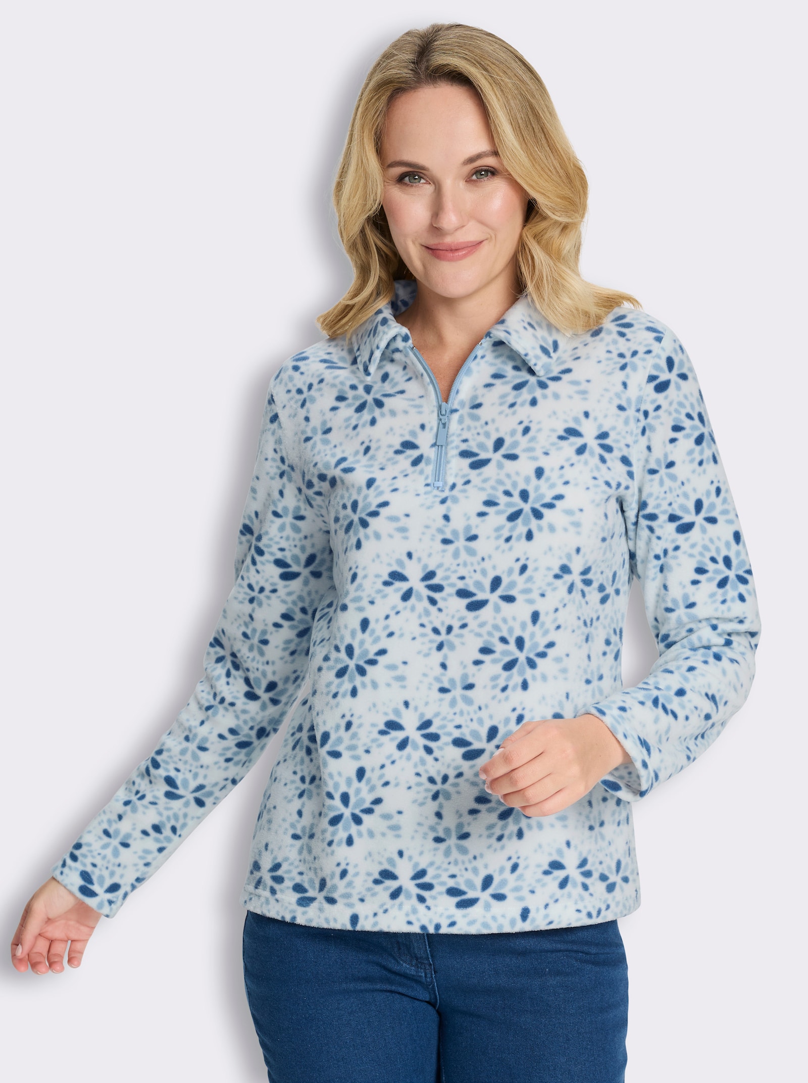 Fleeceshirt mit Hemdkragen - ecru-hellblau-bedruckt