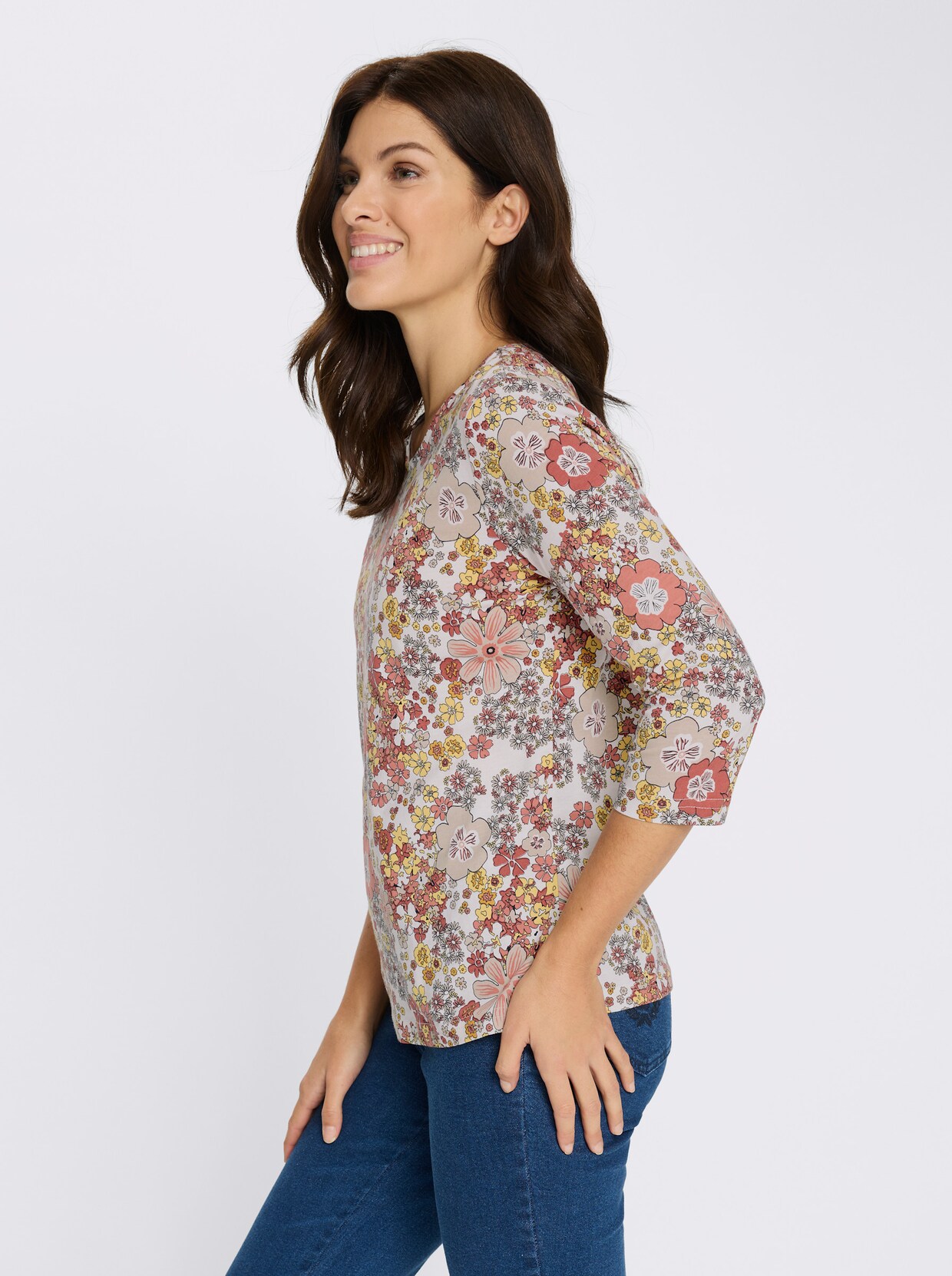 3/4-Arm-Shirt mit Blütendessin - ecru-papaya-bedruckt