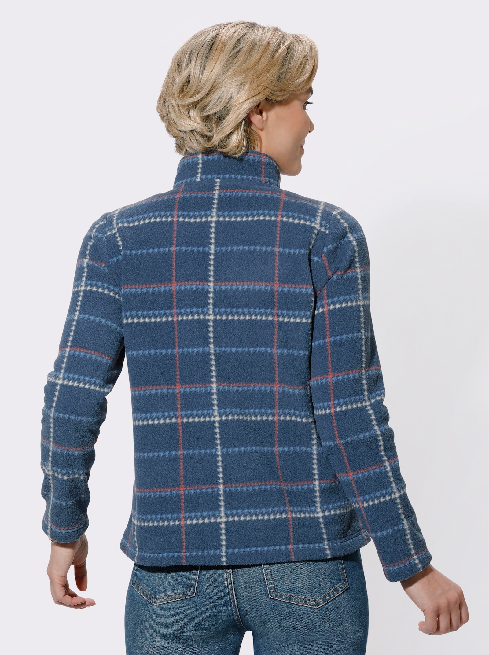 Fleecejacke mit Nahttaschen, kariert - rauchblau-sand-kariert