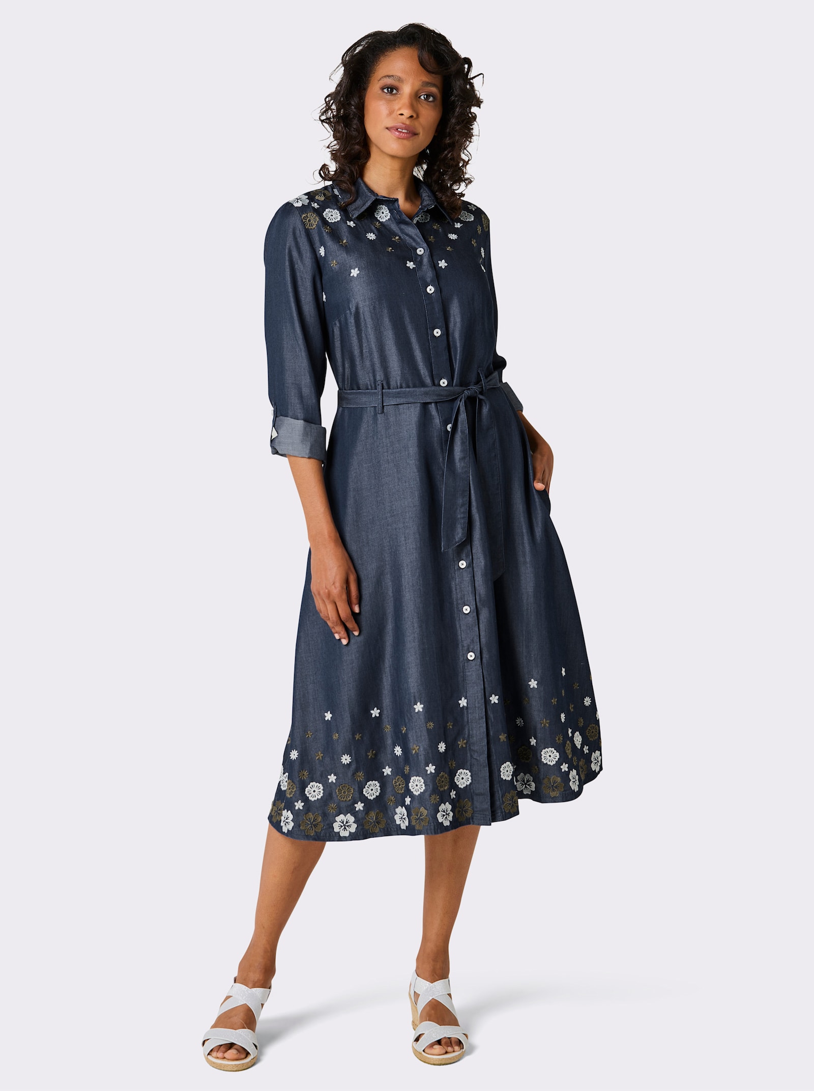 CREATION L PREMIUM Webkleid mit Blüten-Stickerei - blue-stone-washed