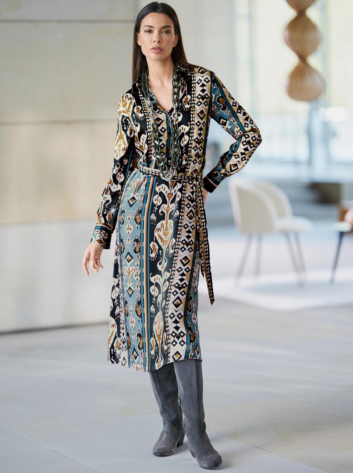 Rick Cardona Druck-Kleid - rauchblau-camel-bedruckt