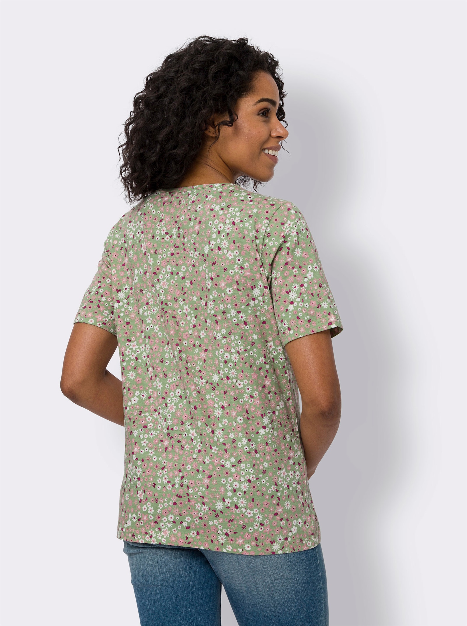 Kurzarmshirt aus Baumwolle, Millefleurs - eucalyptus-rosenquarz-bedruckt