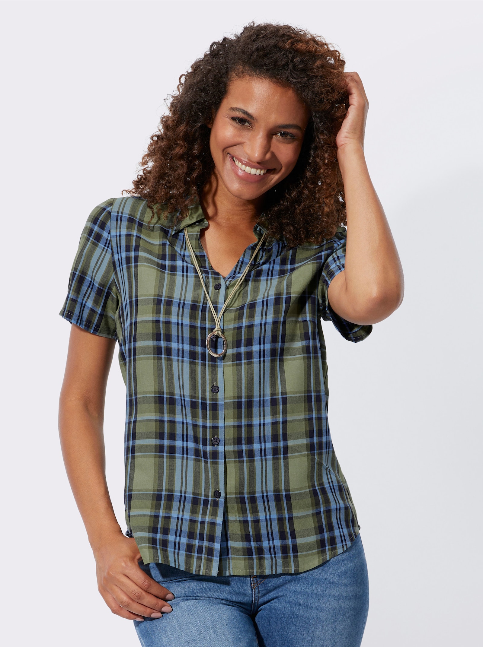 Karobluse mit abgerundetem Saum - schilf-himmelblau-kariert